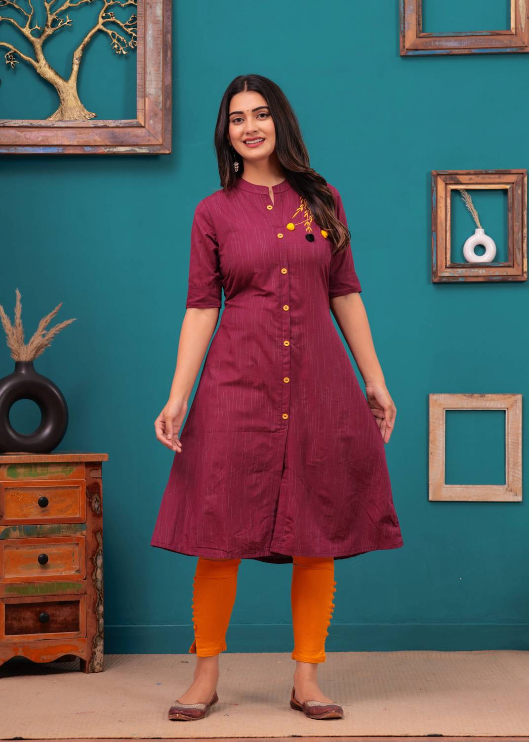 Dizon Women Embroidered Cotton Blend A-line Kurta (Multicolor)