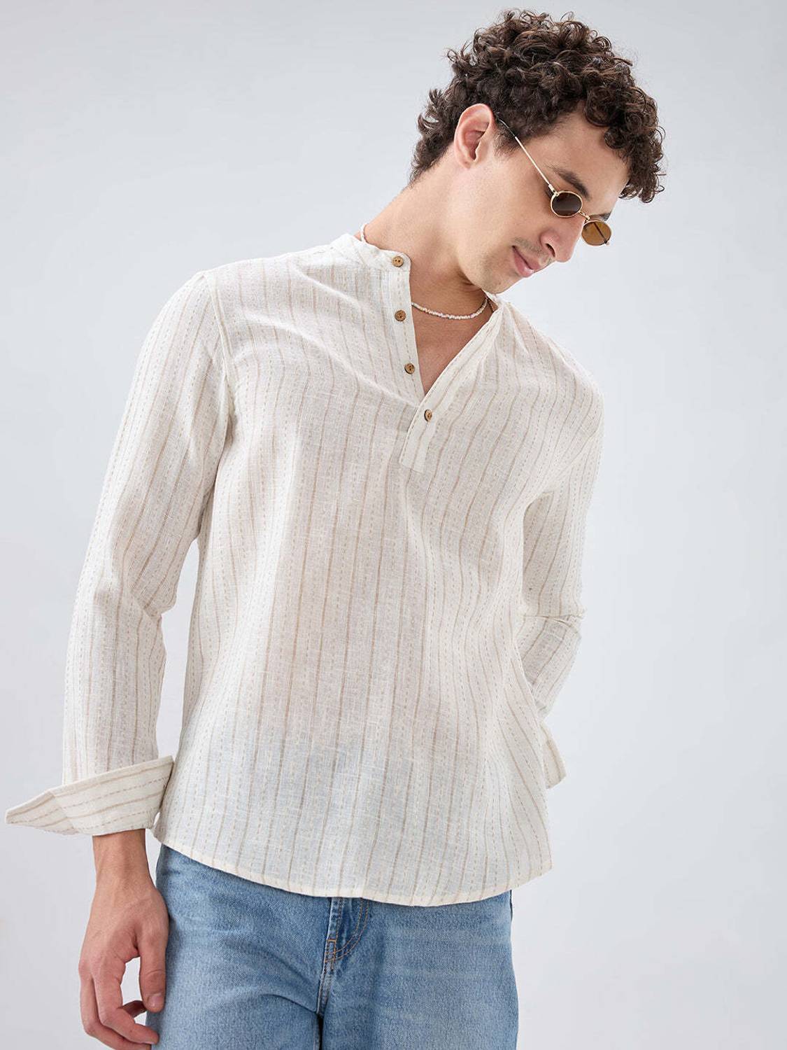 VASTRADO Men White Striped Straight Kurta - Image 1