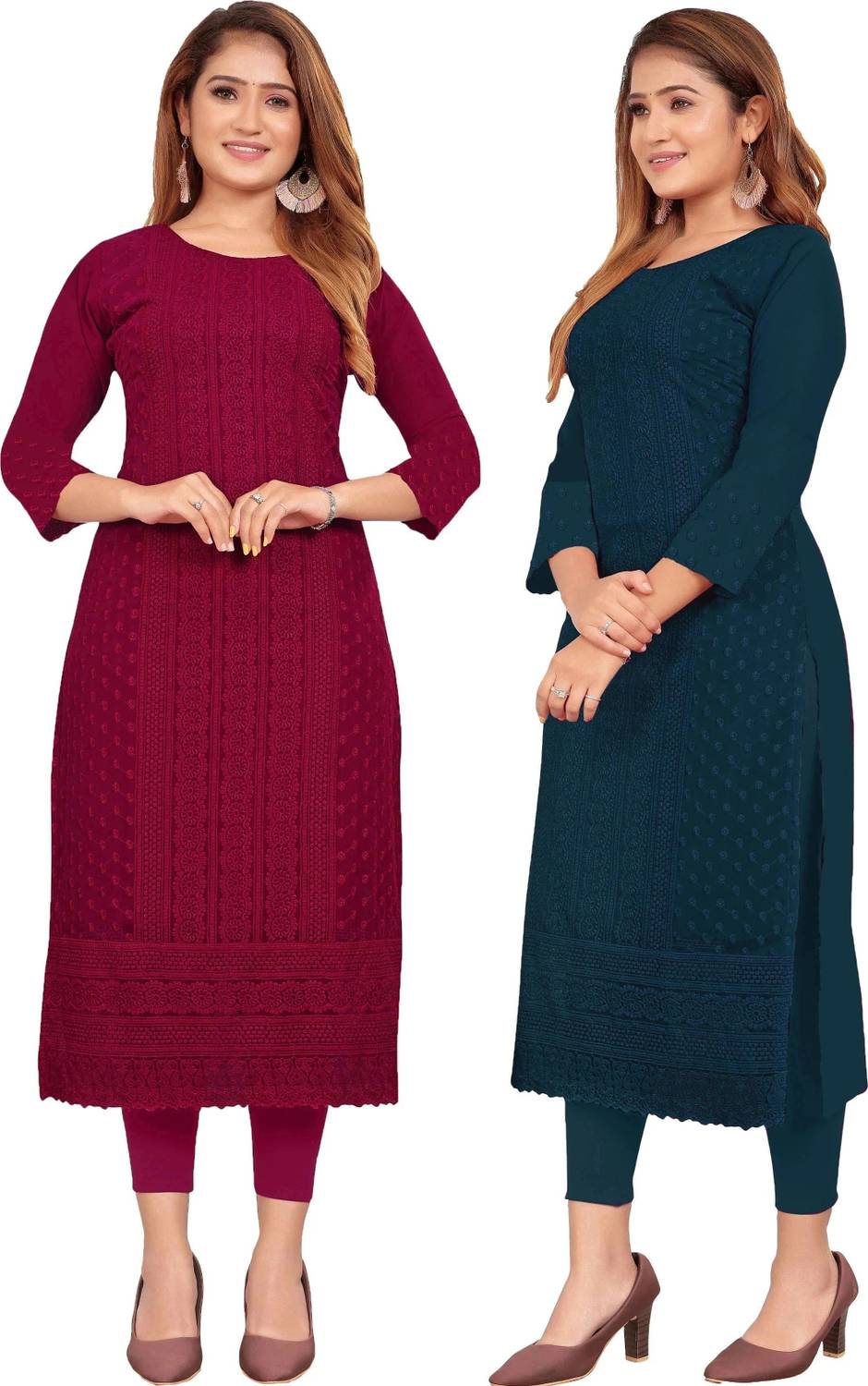 KAYRAAH Pack of 2 Women Chikan Embroidery Georgette Straight Kurt