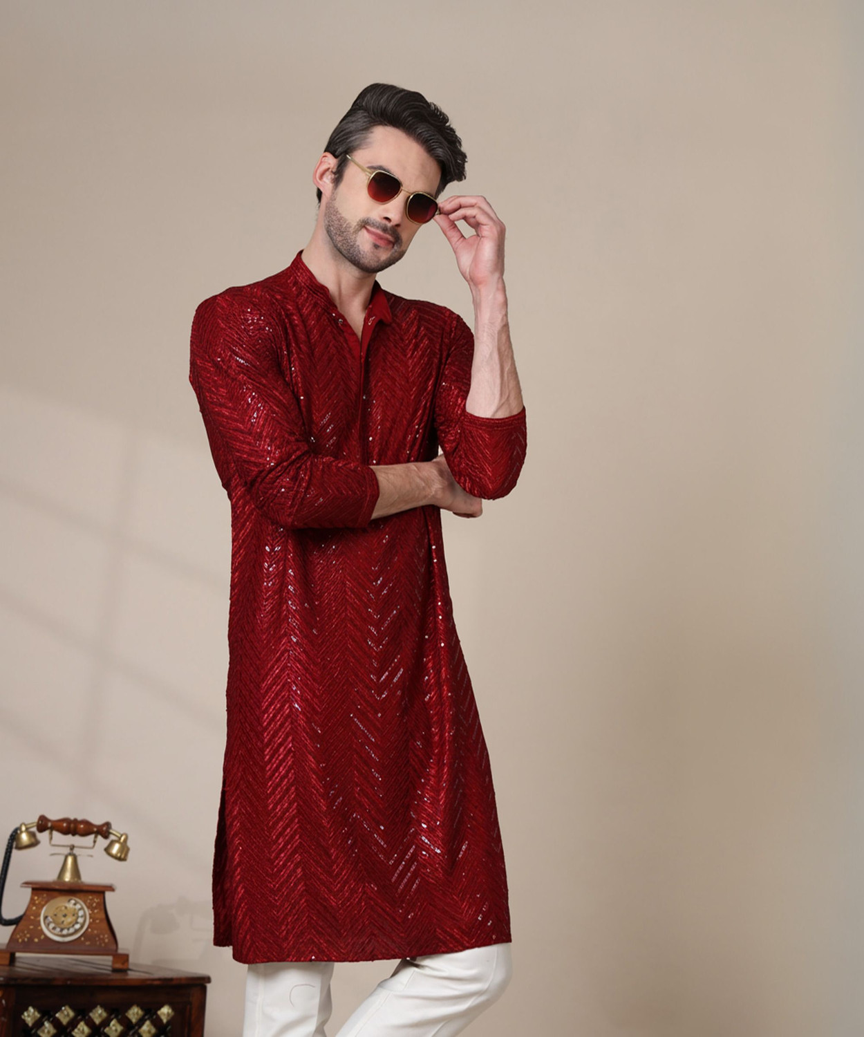 Image of ADHIRAJAN Men Embellished Straight Kurta