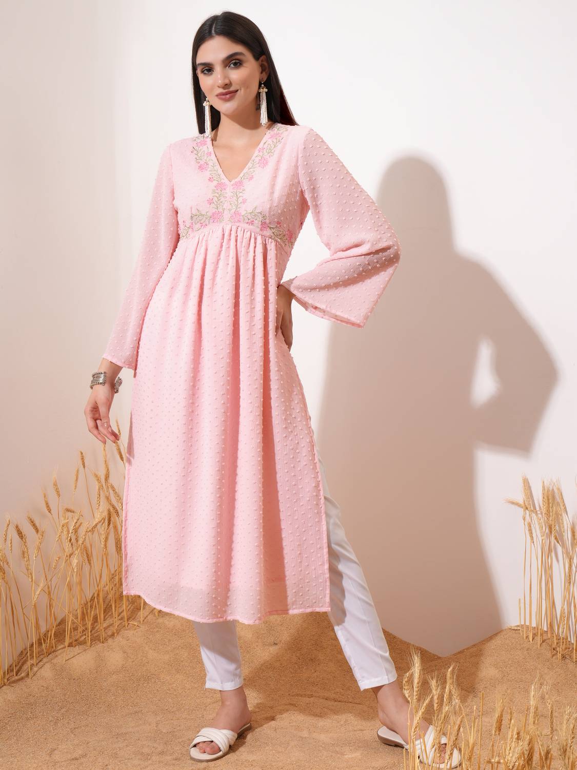 Vishudh Women Self Design Cotton Blend Straight Kurta (Pink)