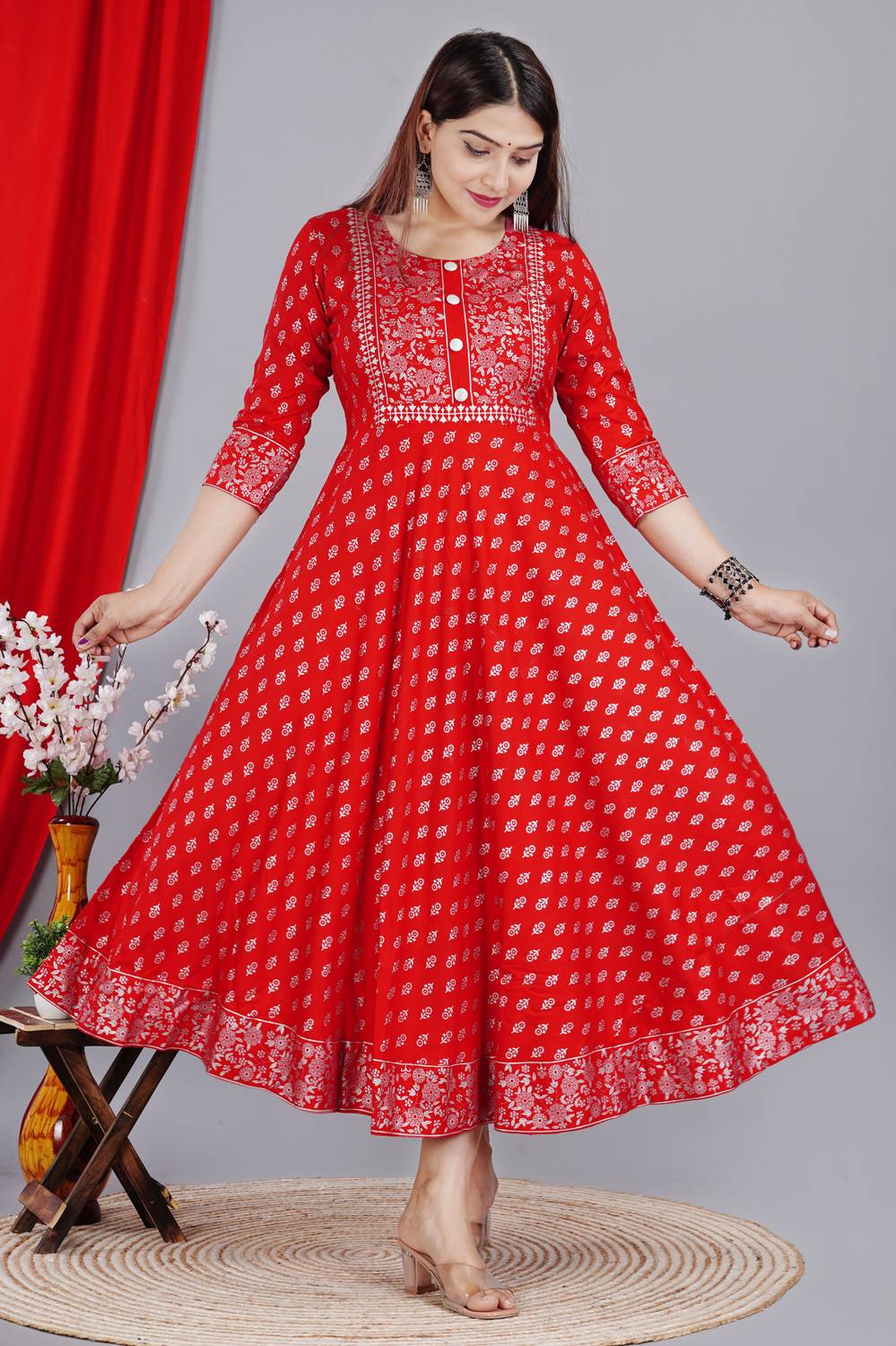 NANERA Women Printed Cotton Rayon Anarkali Kurta (Red)