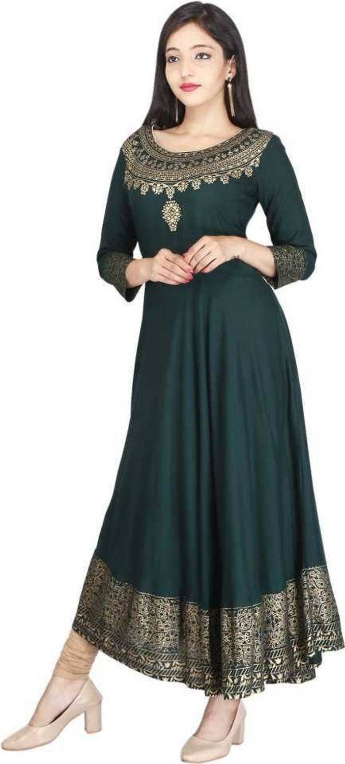 aerotick Women Printed Viscose Rayon Anarkali Kurta (Dark Green)