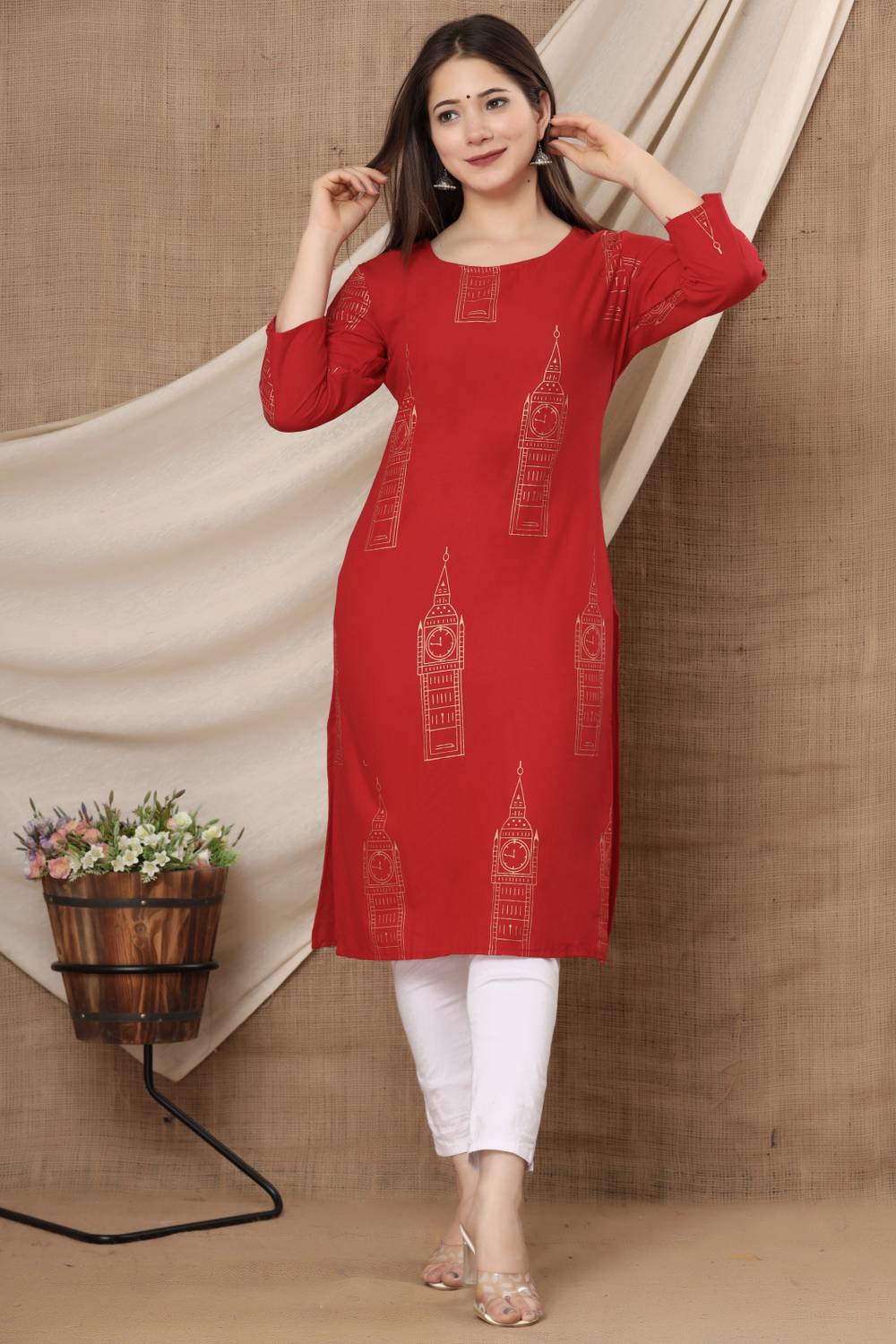 Surhi Women Printed Pure Cotton Straight Kurta (Red)