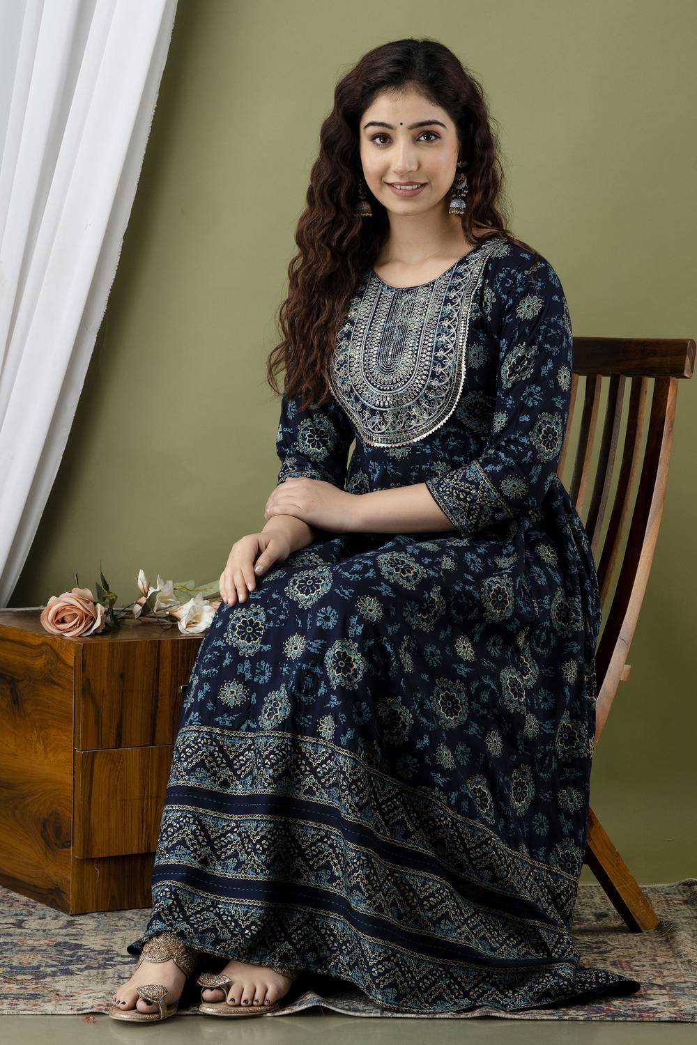 jayleen Women Embroidered Cotton Rayon Anarkali Kurta (Dark Blue)