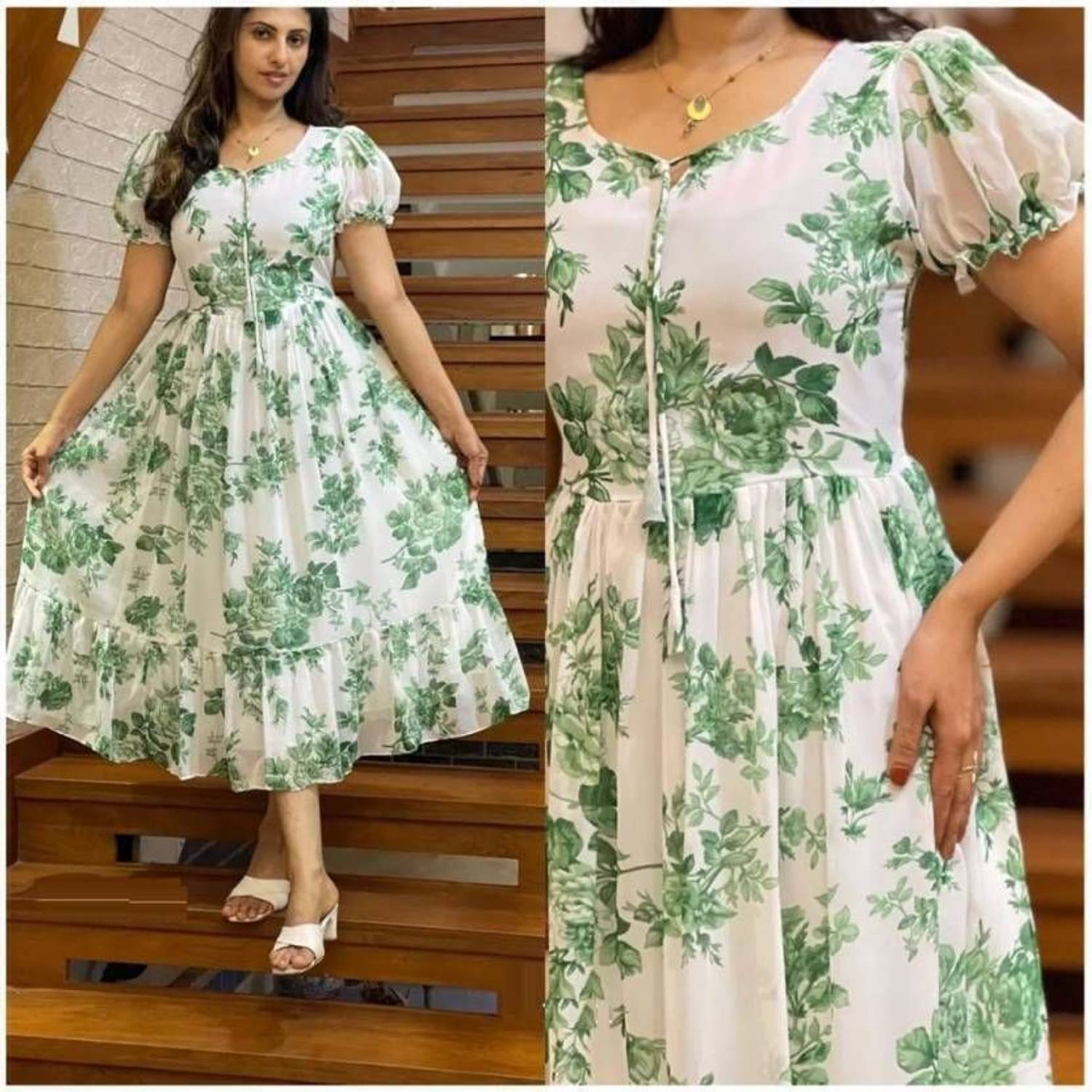 Nautiful Women Floral Print Georgette Flared Kurta (Light Green)