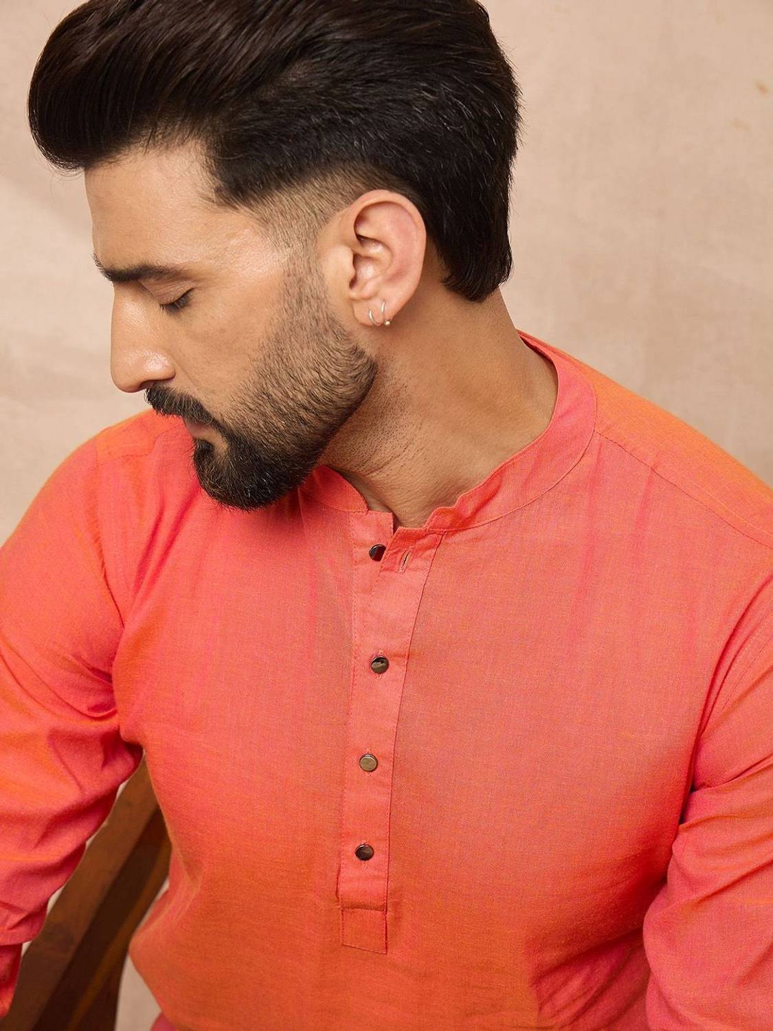 House of Pataudi Men Solid Straight Kurta Orange - Image 2