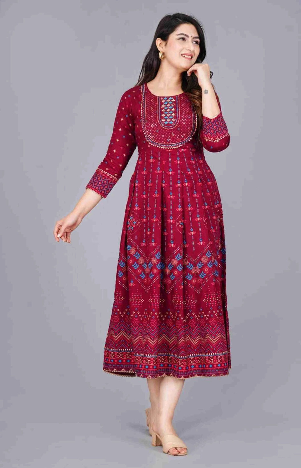 Image of GAZLA FASHION Printed Viscose Rayon Anarkali Kurta for Women (Maroon)