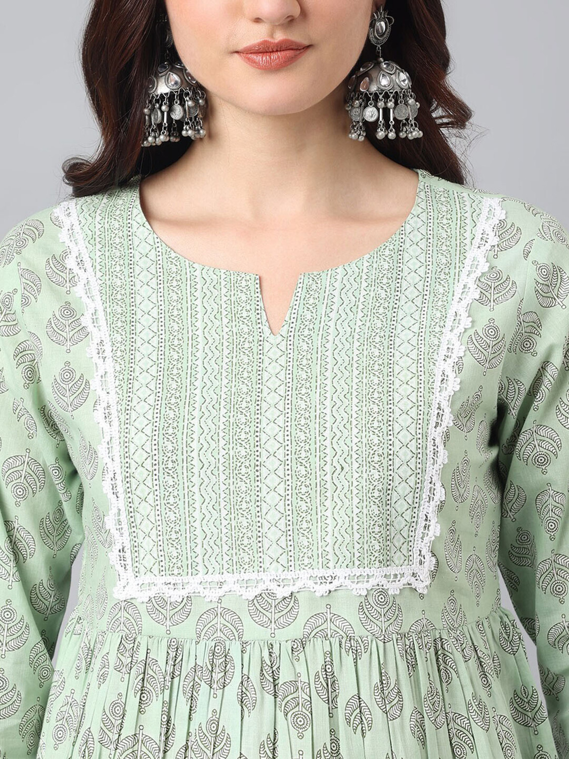 Image of Lascaux Printed Viscose Rayon Flared Kurta for Women (Light Green)