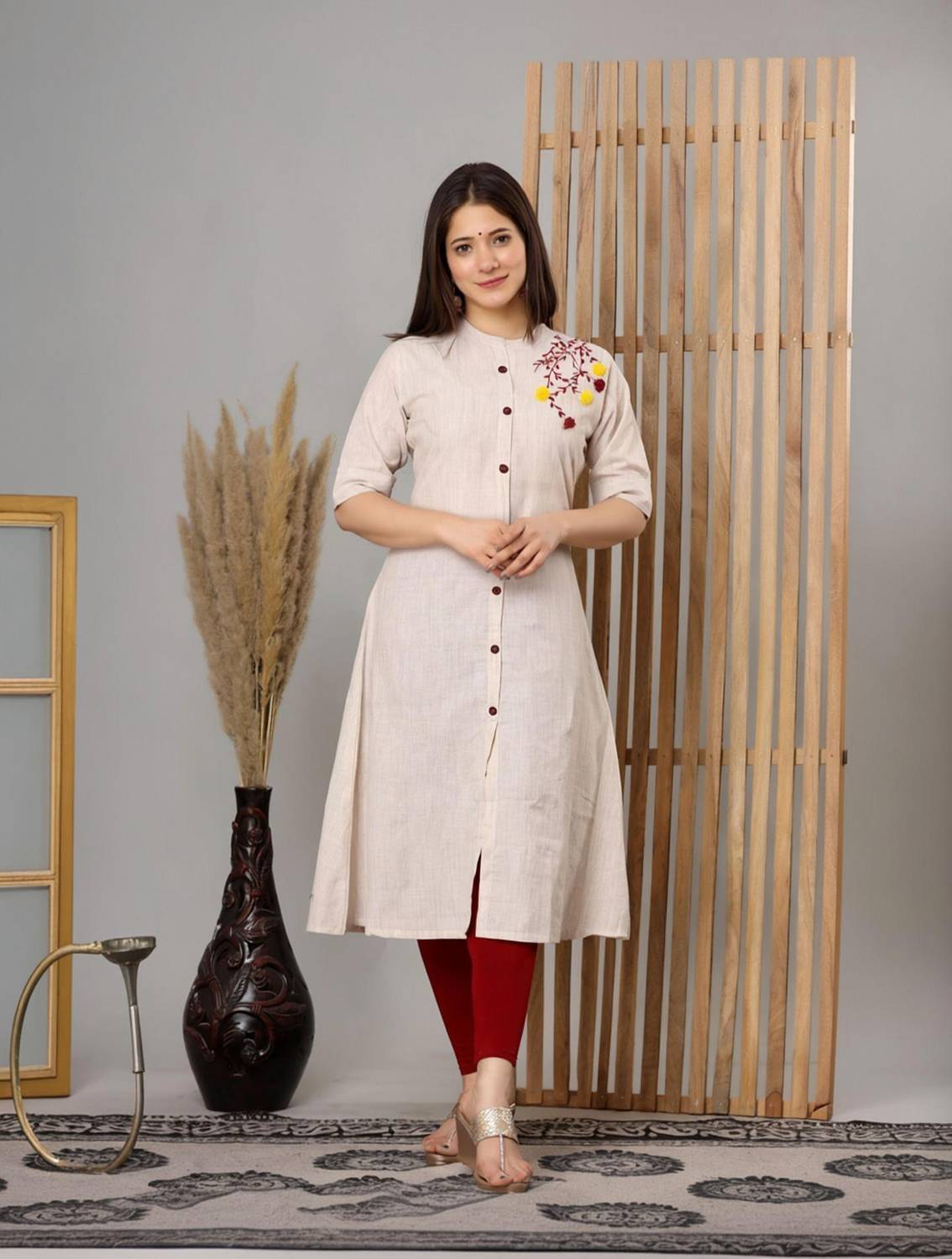 LOOMS21 Women Embroidered A-line Kurta Beige - Image 1