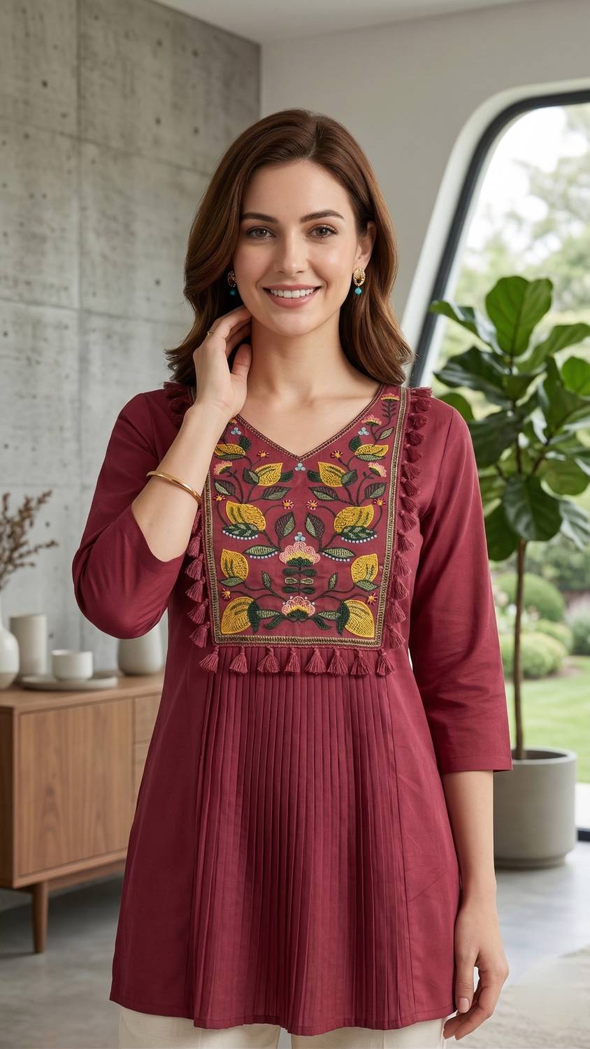 DSK STUDIO Women Embroidered Viscose Rayon Flared Kurta (Maroon)
