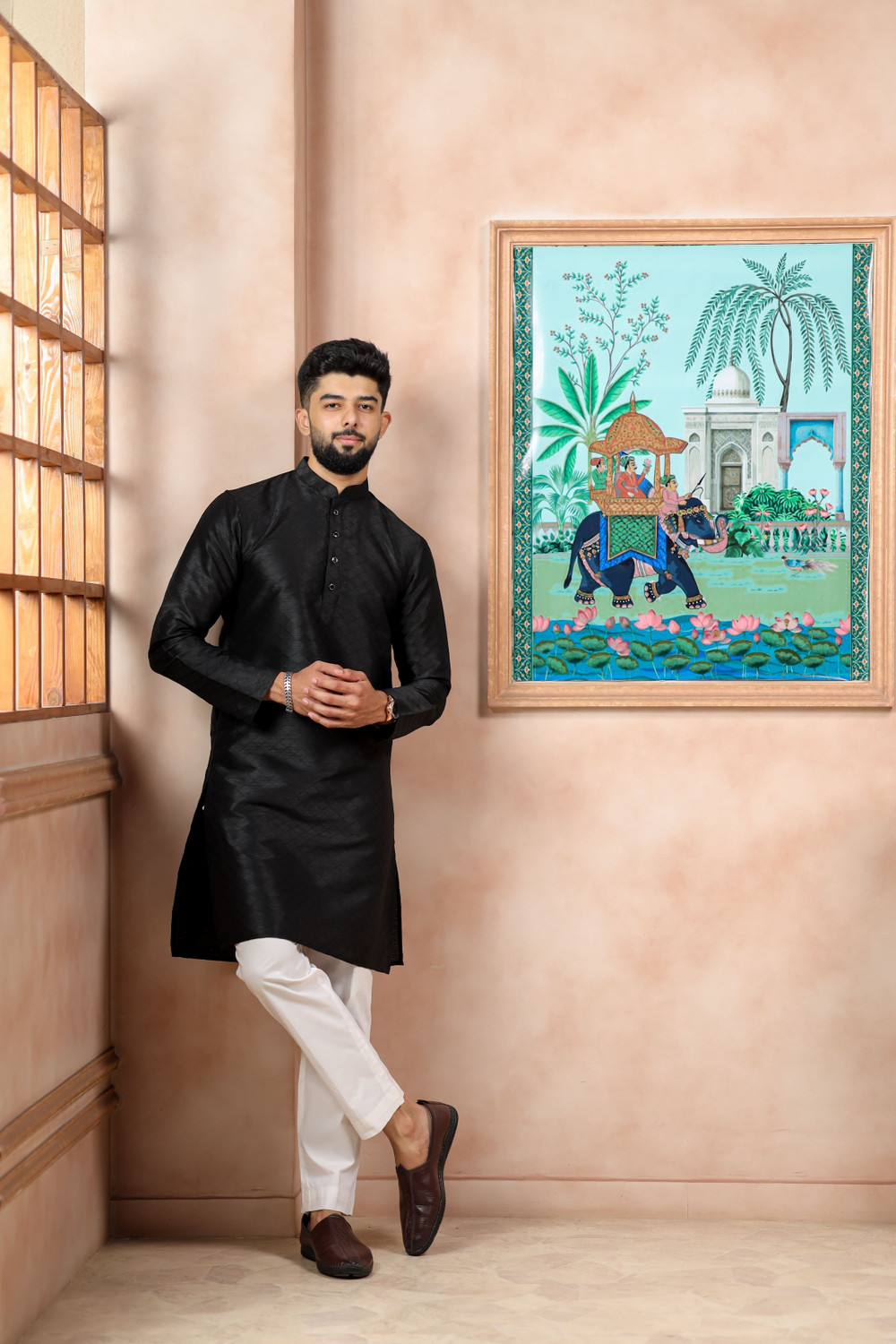 Image of Koshin Men Self Design Straight Kurta