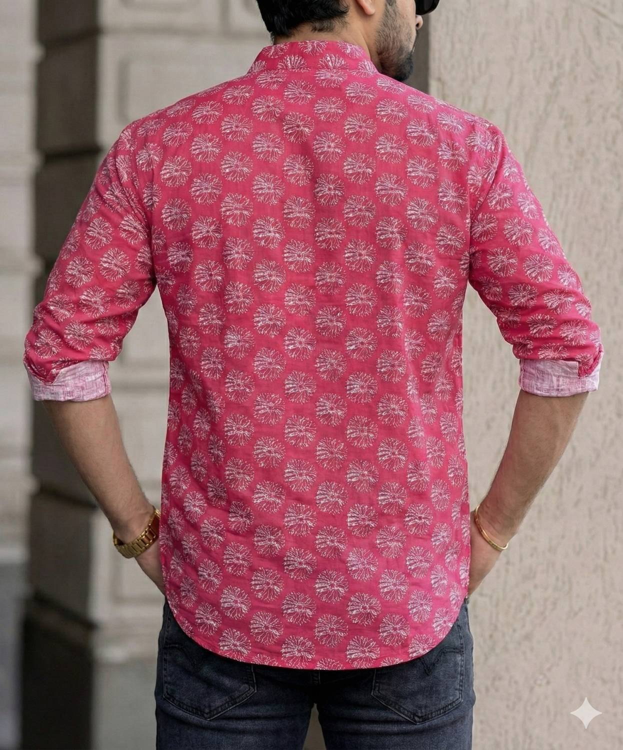 Poltern Men Printed Straight Pink Kurta - Image 2