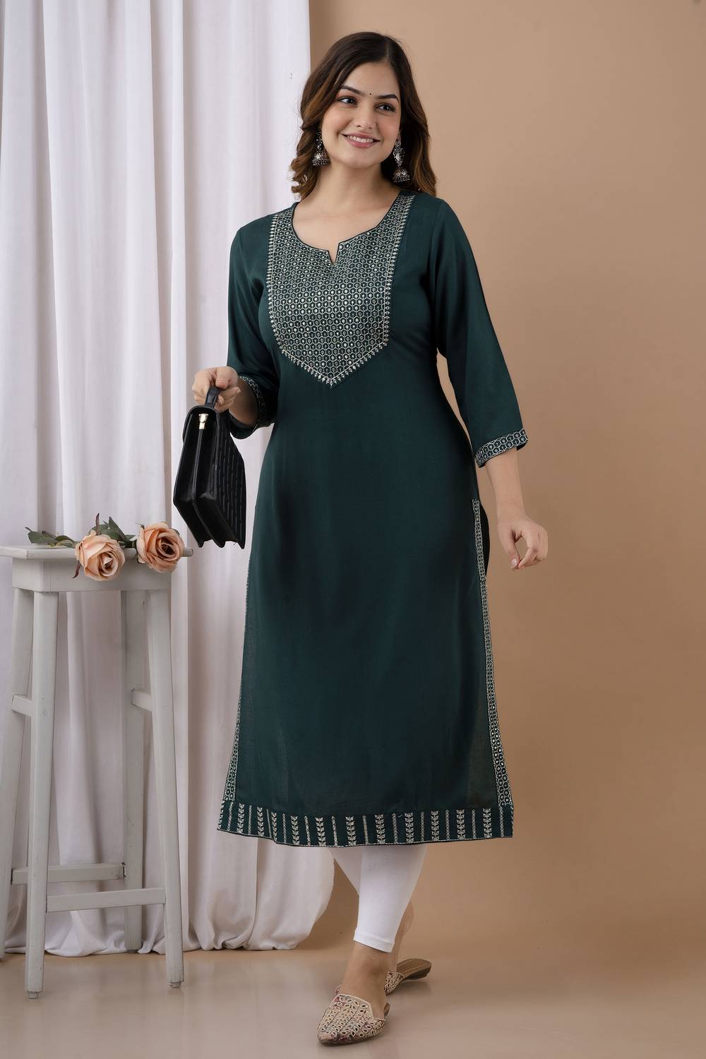 his&her Women Embroidered Viscose Rayon Straight Kurta (Dark Gree