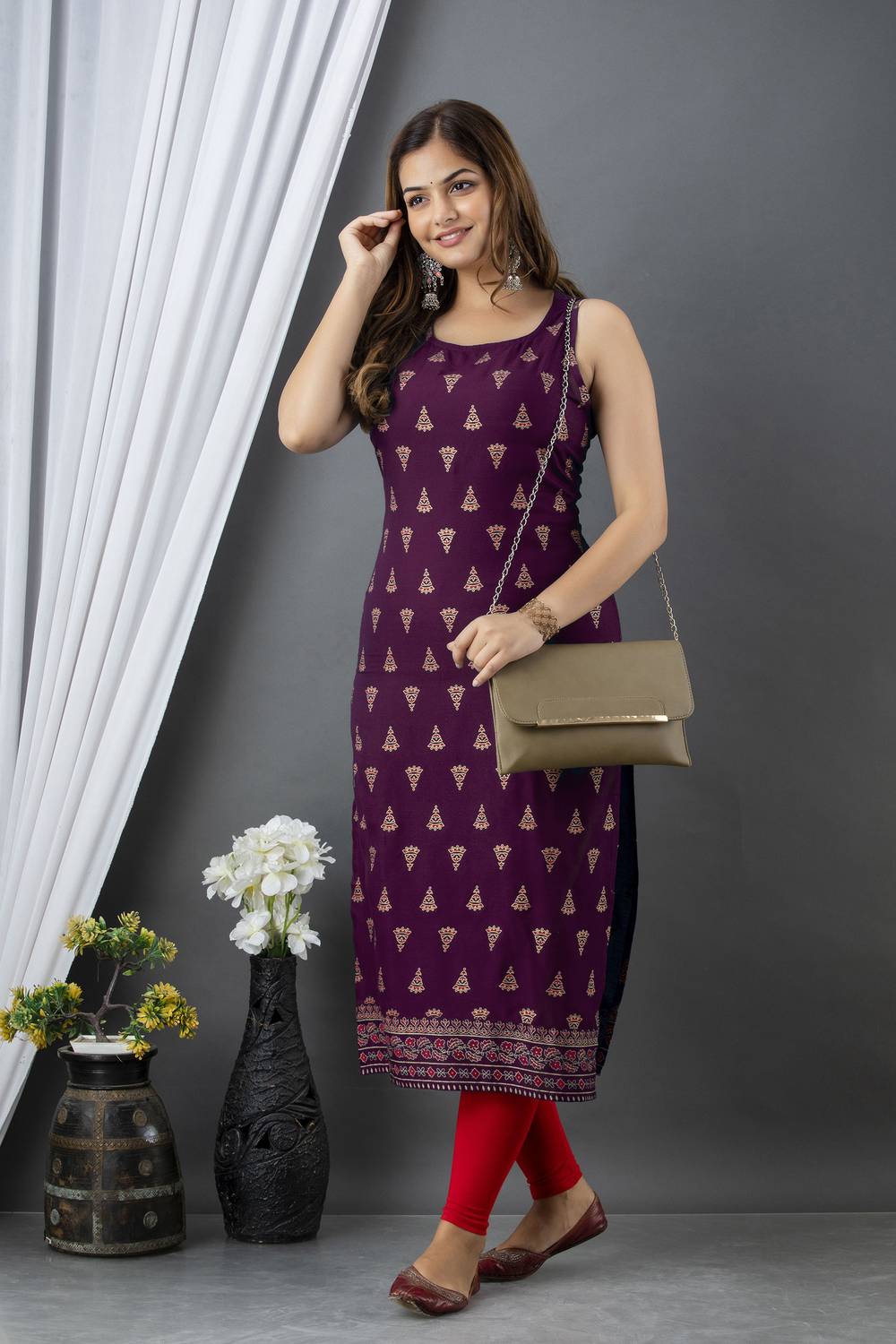 TRENDING KURTIES Women Printed Viscose Rayon Straight Kurta (Purp