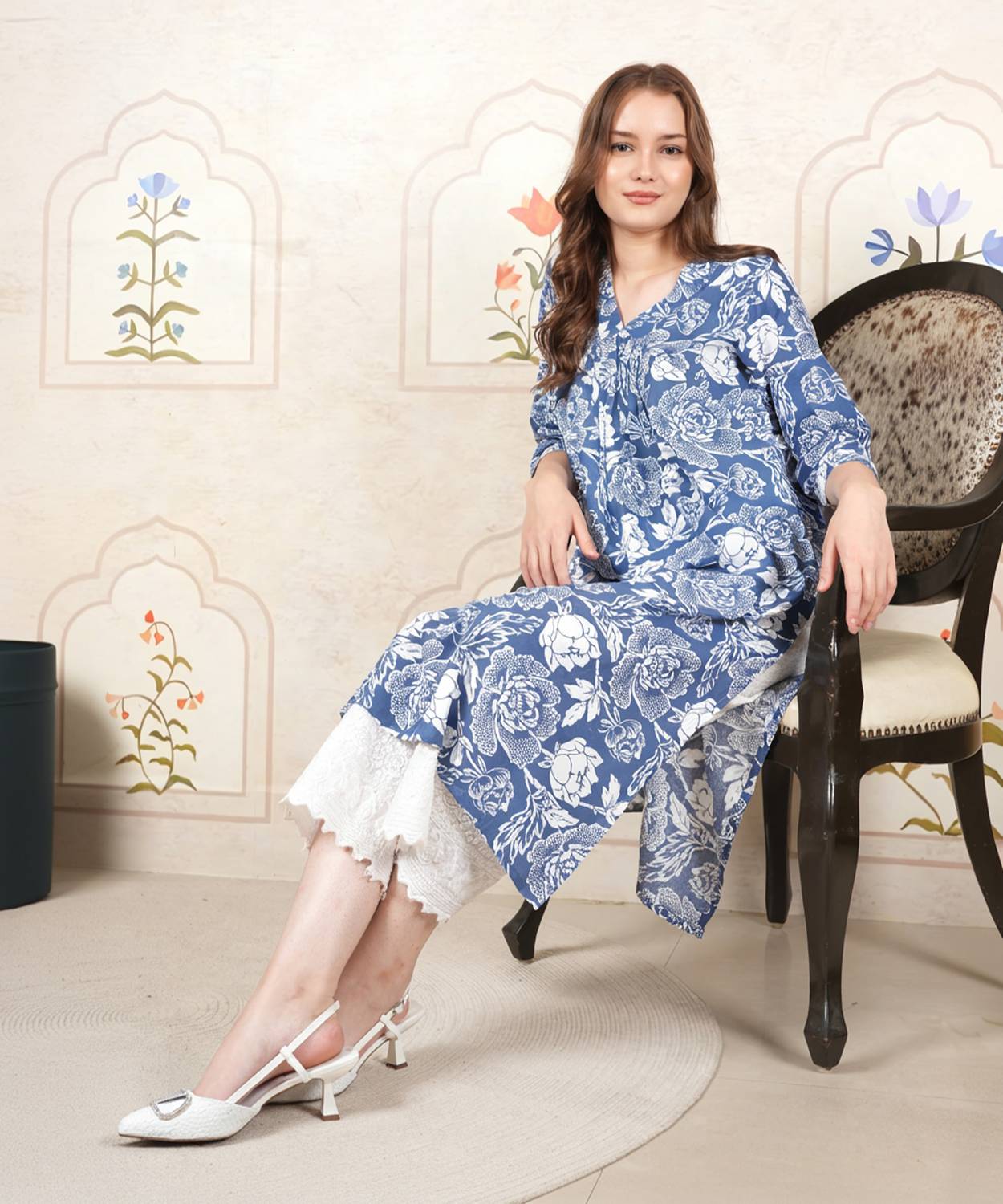 JINVARAM Women Floral Print Viscose Rayon A-line Kurta (Dark Blue