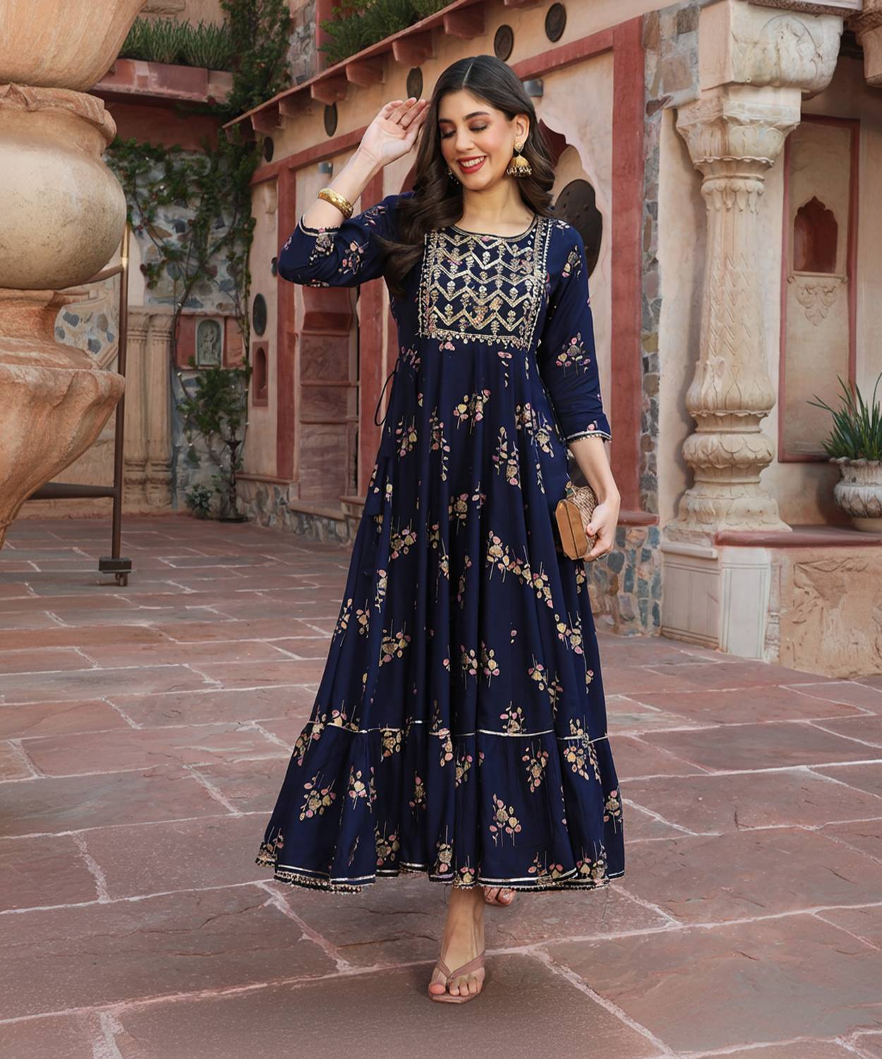 Gulmohar Jaipur Women Printed Viscose Rayon Flared Kurta (Dark Bl