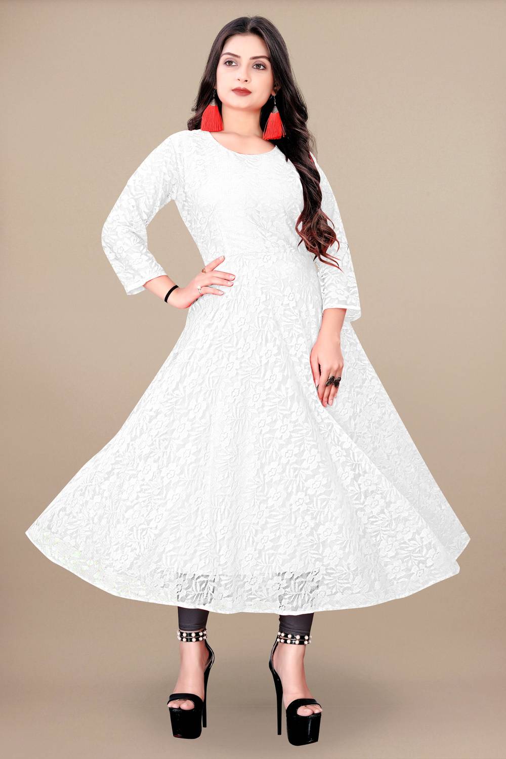 Lakshya Fashion Mart Women Self Design Net Anarkali Kurta (White)