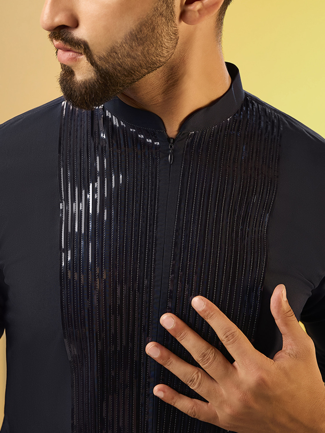 Image of Kisah Embellished Cotton Blend Straight Kurta for Men (Black)