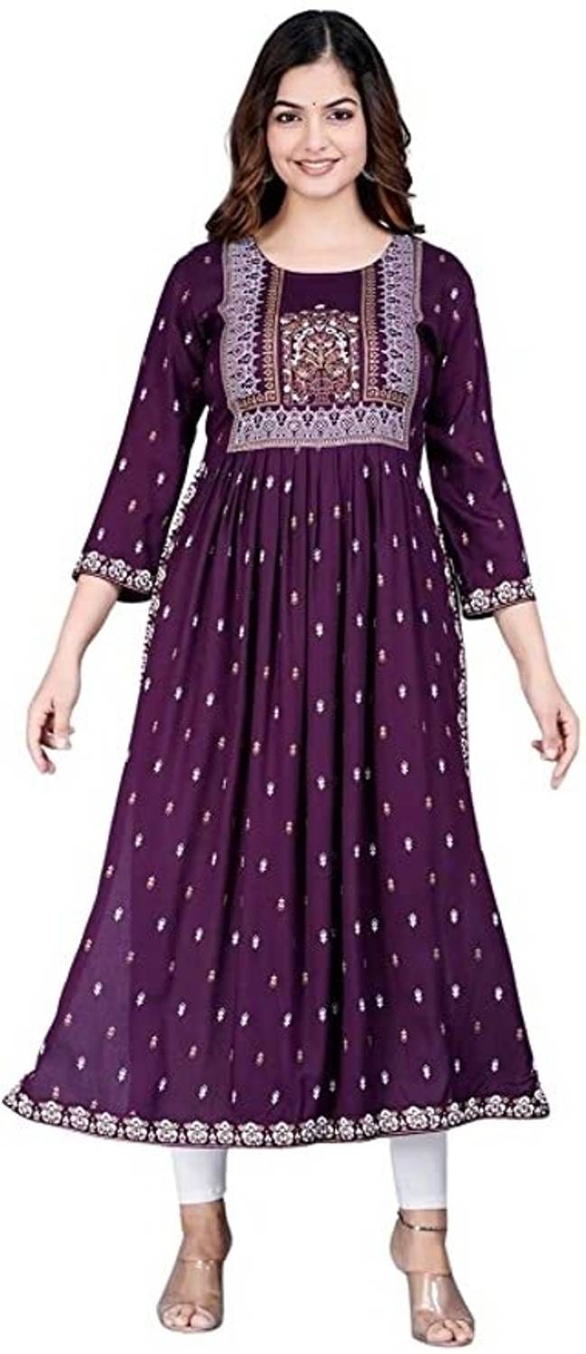 JAYROSH Women Printed Viscose Rayon A-line Kurta (Purple)