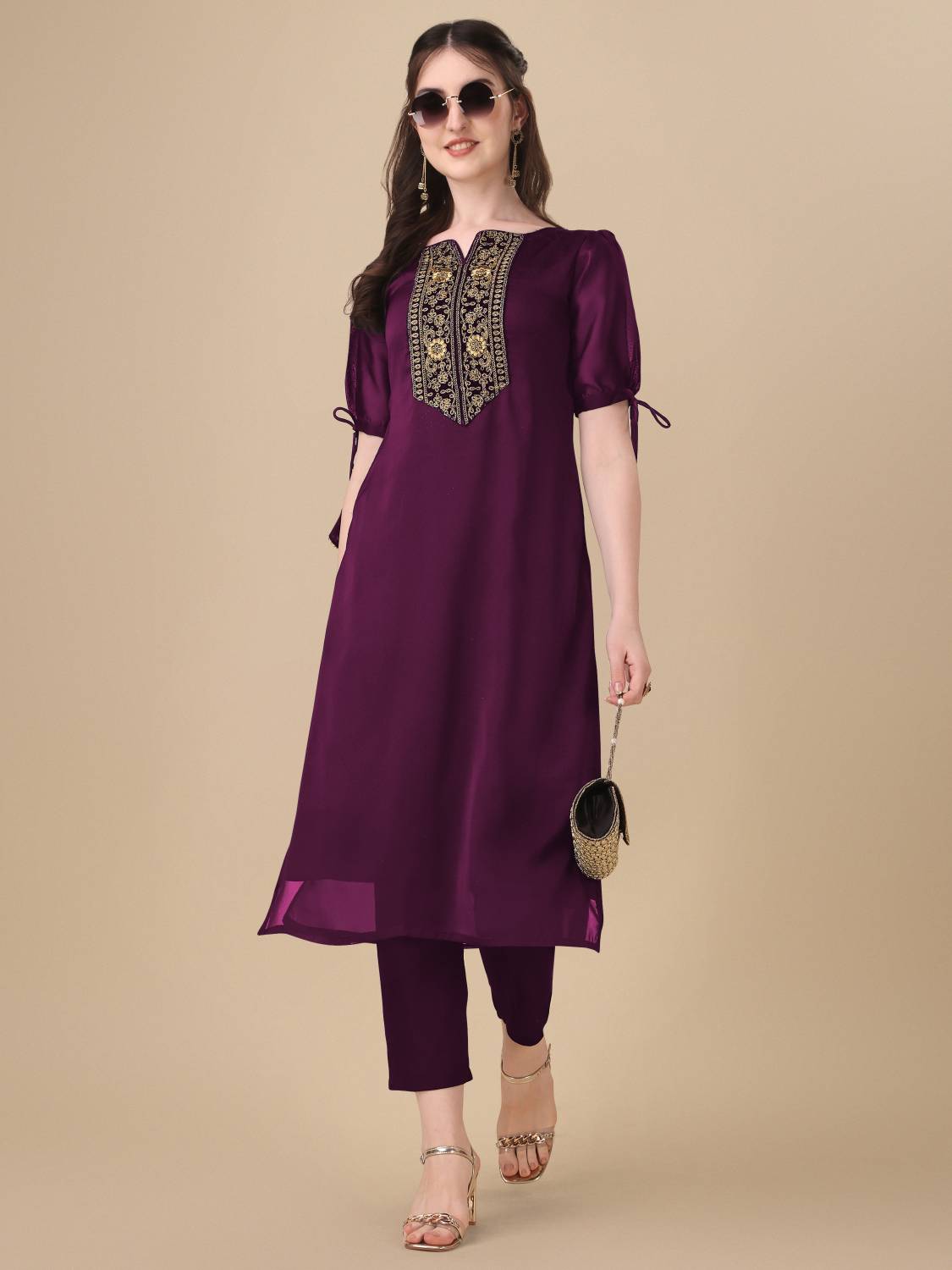 Lovisa Fashion Women Embellished, Embroidered Pure Silk Straight