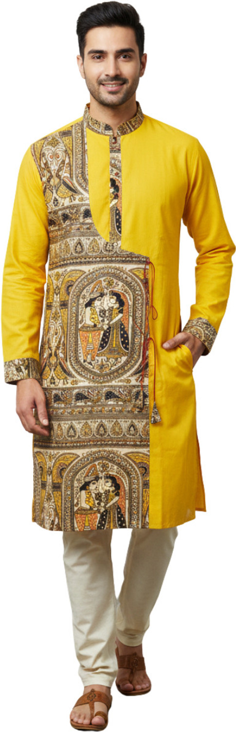 Image of GaurikDresses Printed Pure Cotton Straight Kurta for Men (Yellow)