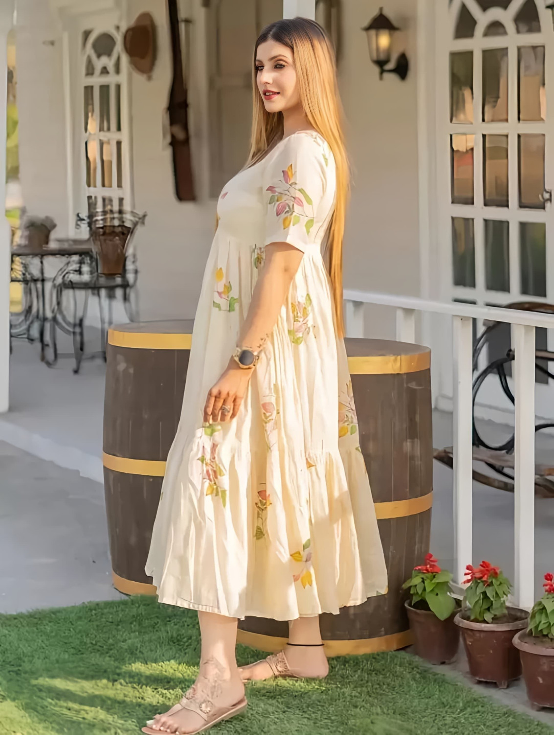 Image of First Affair Floral Print Viscose Rayon Anarkali Kurta for Women (Beige)