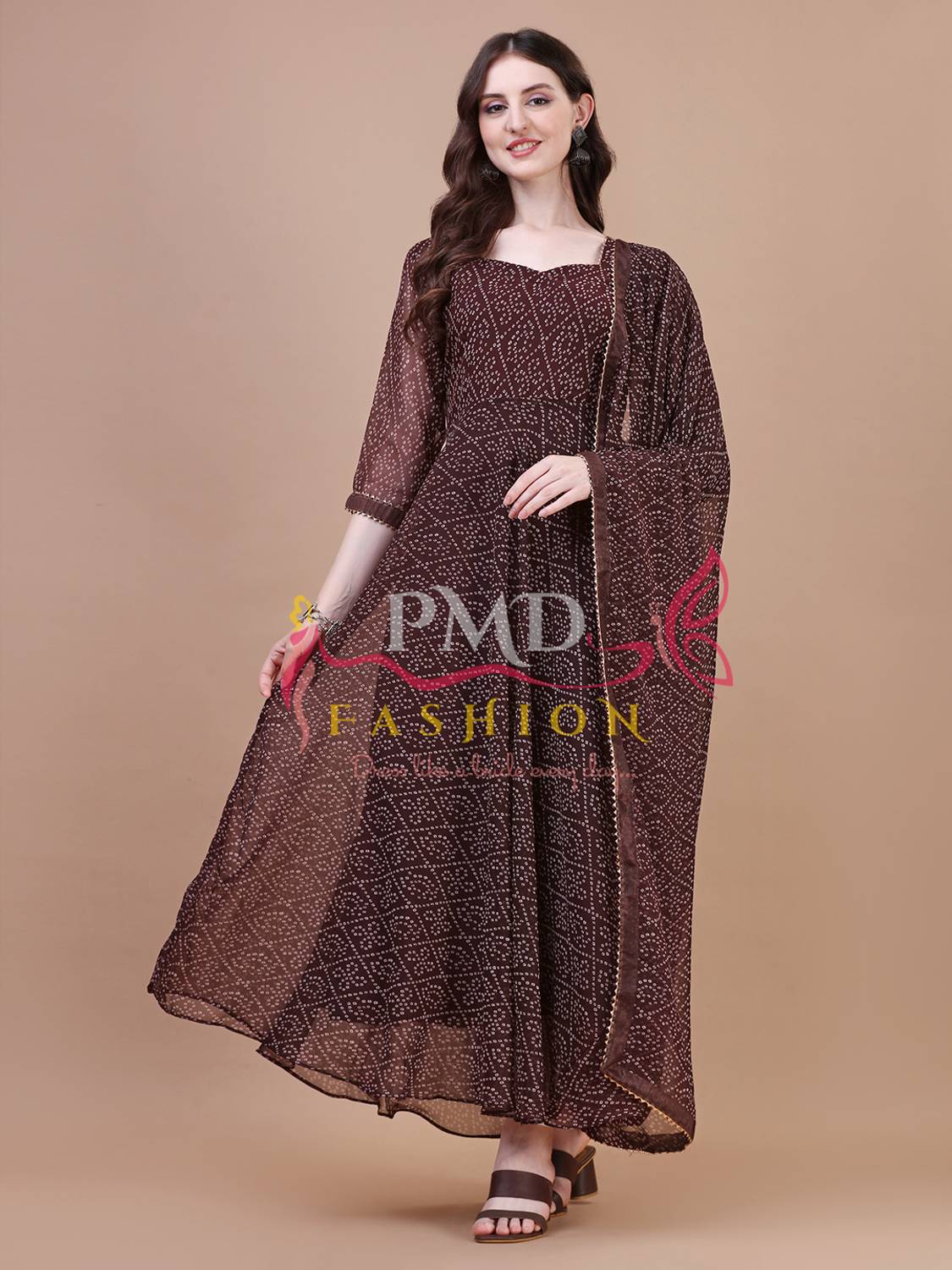 PMD Fashion Women Bandhani Georgette Anarkali Kurta With Attached