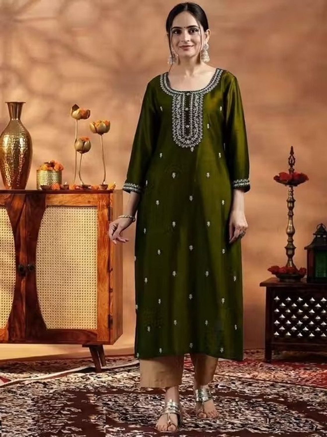 Image of BRIGHT WORLD Women Embroidered, Embellished Straight Kurta