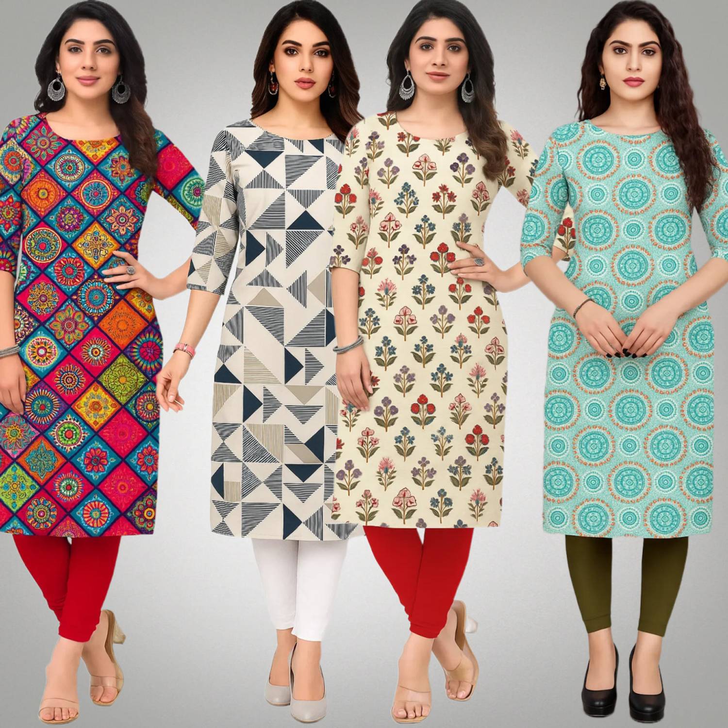 veemora Pack of 4 Women Printed Crepe Straight Kurta (Multicolor)