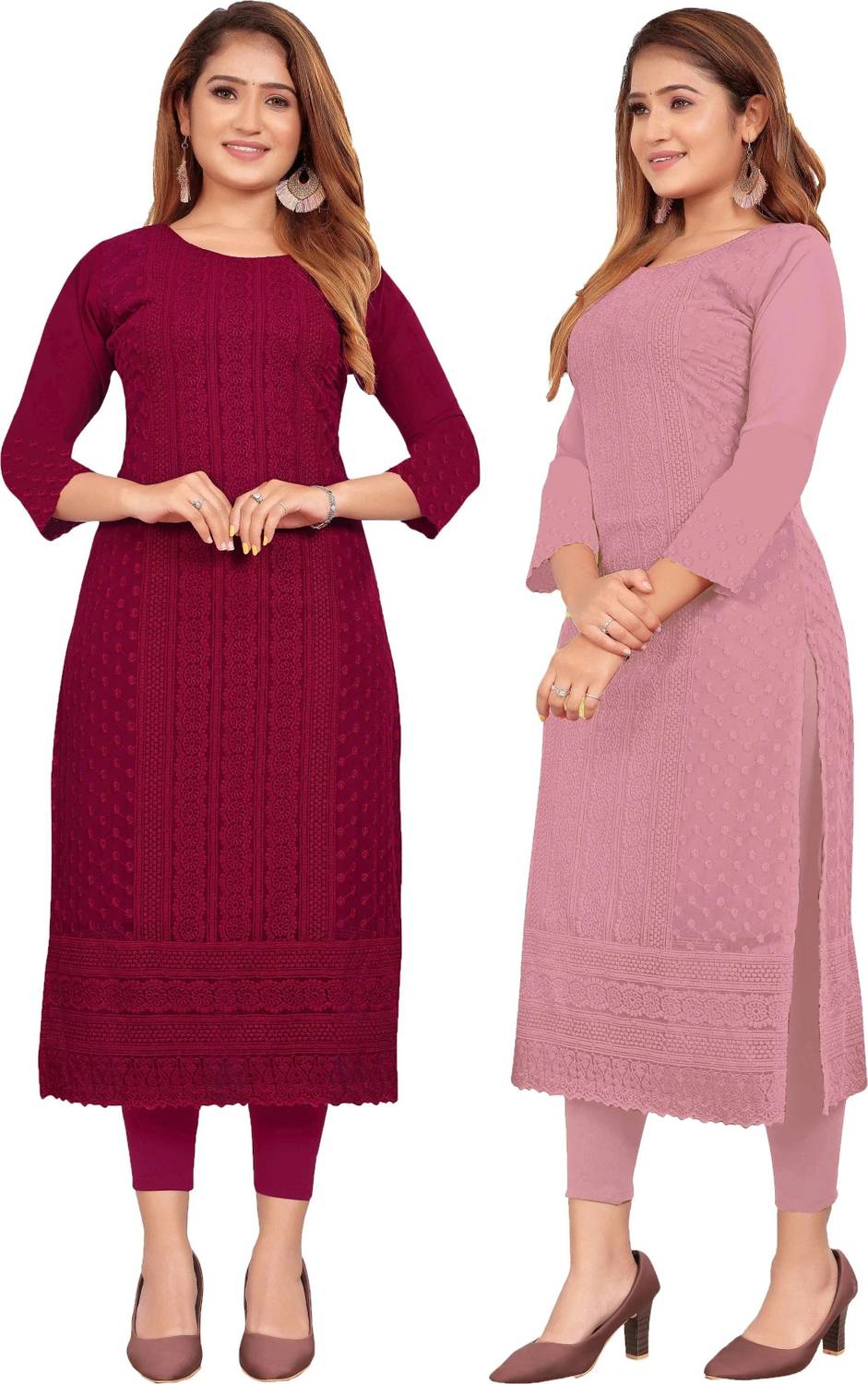 KAYRAAH Pack of 2 Women Chikan Embroidery Georgette Straight Kurt