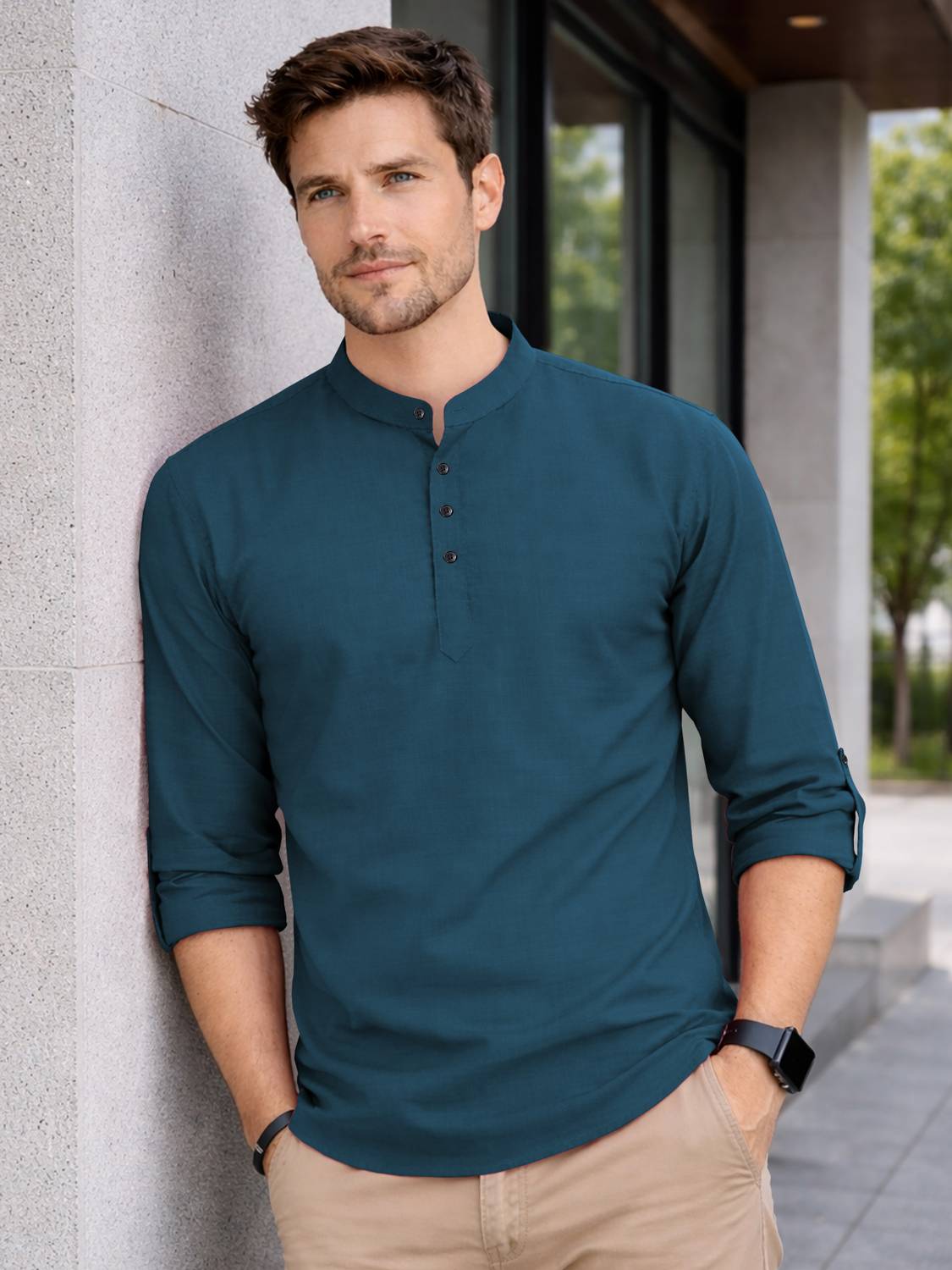 VeBNoR Men Regular Fit Solid Mandarin Collar Casual Shirt