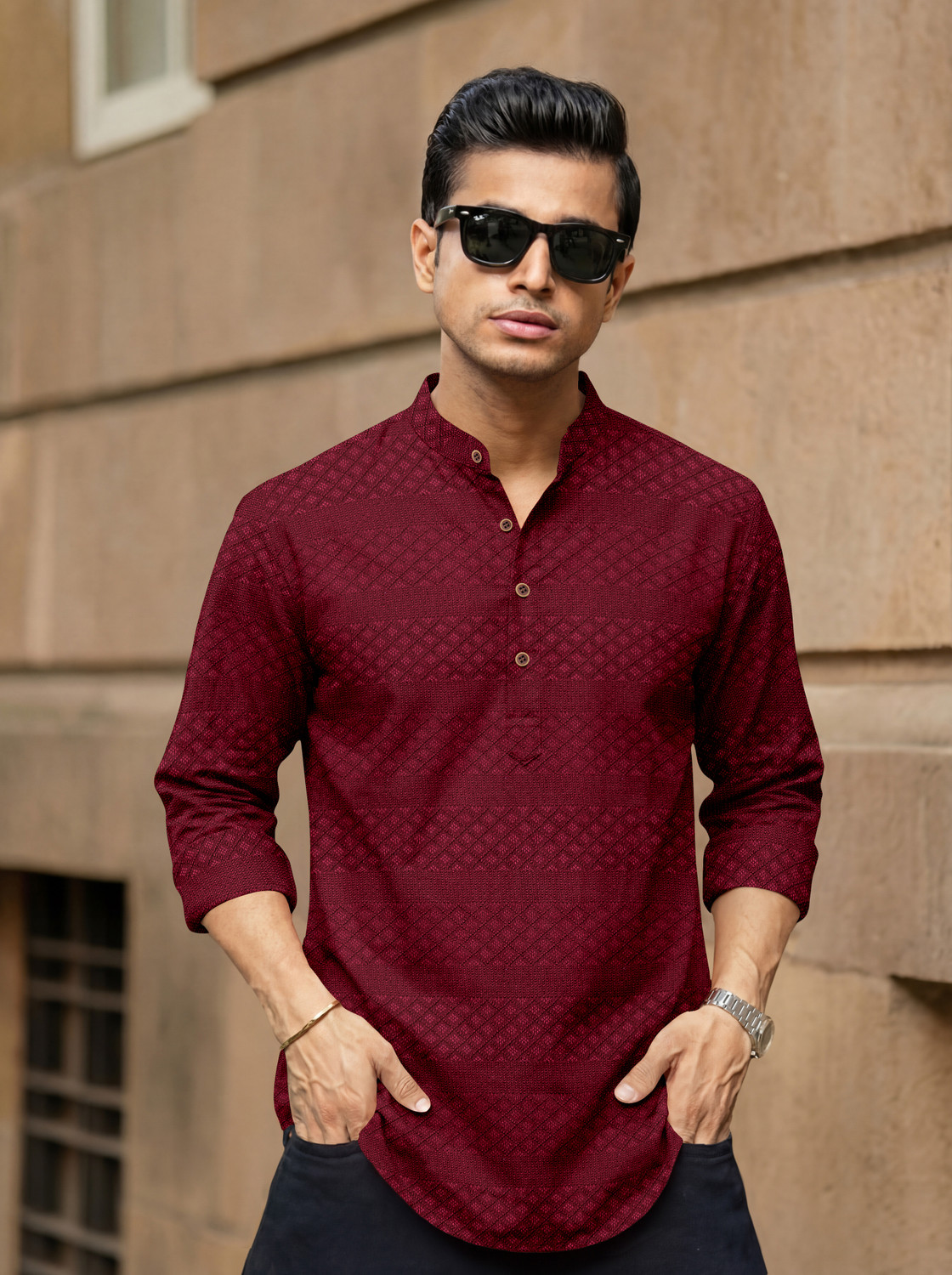 Image of VELLOSTA Men Self Design Straight Kurta