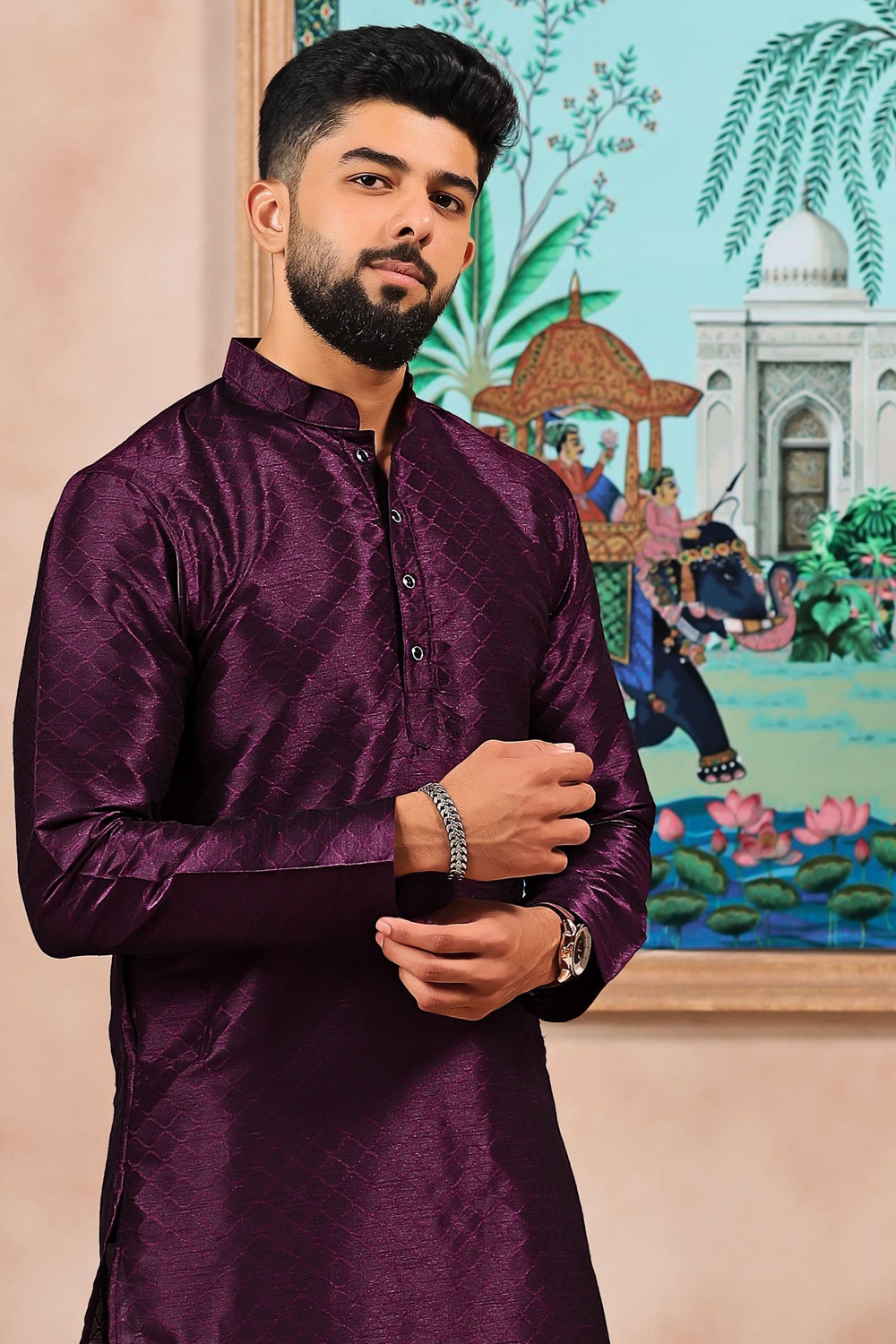 Image of Koshin Men Self Design Straight Kurta
