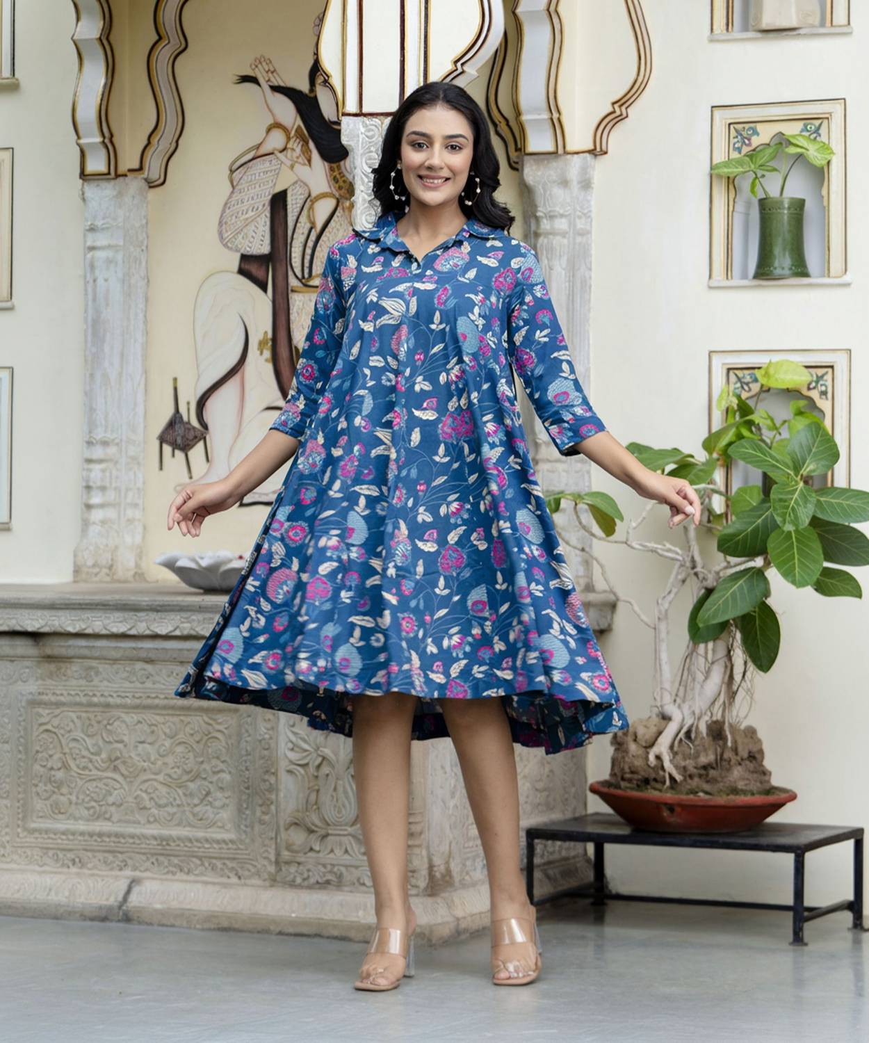 Hivdo Women Printed Viscose Rayon Flared Kurta (Blue)