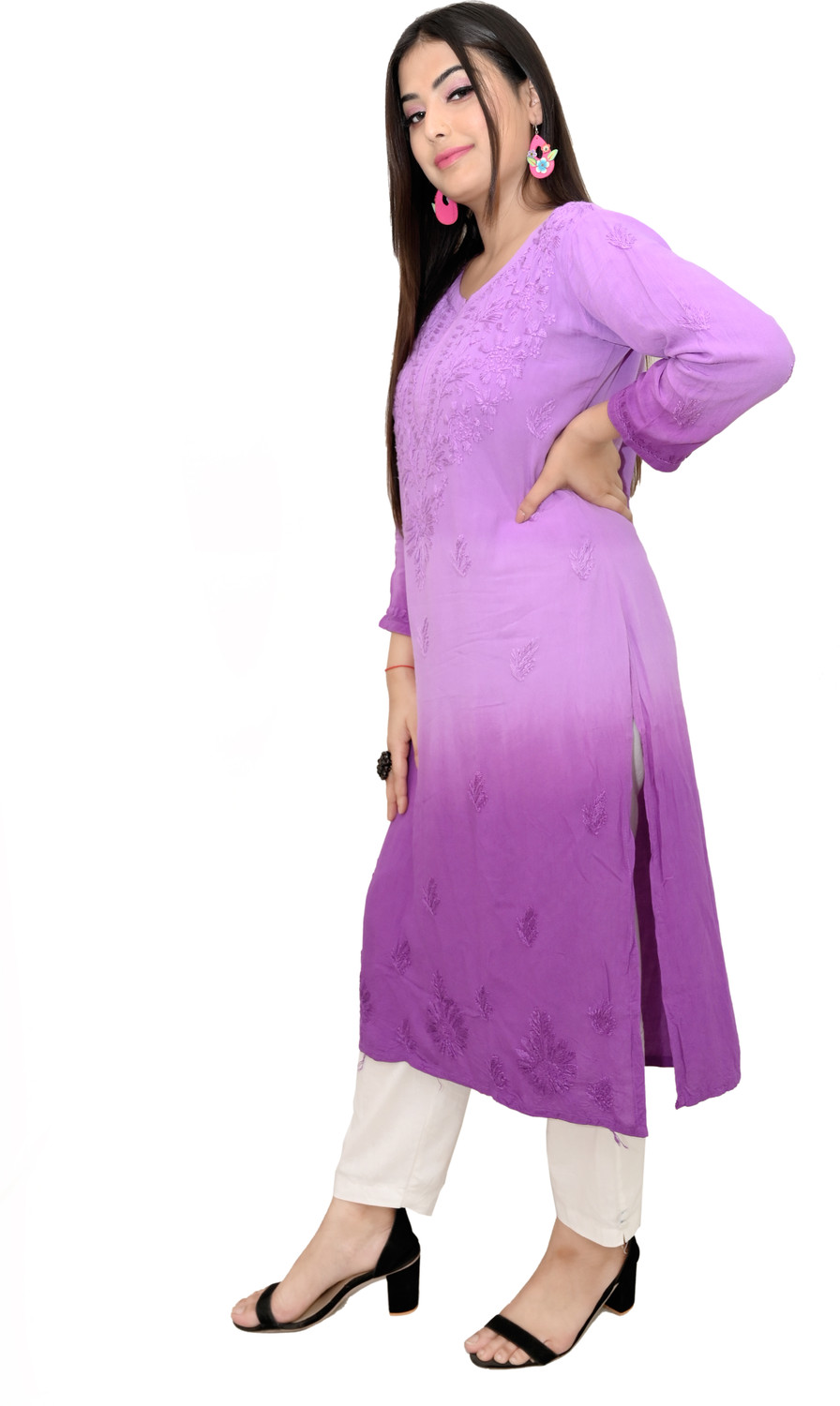 Image of Narayani Collections Women Chikan Embroidery Straight Kurta