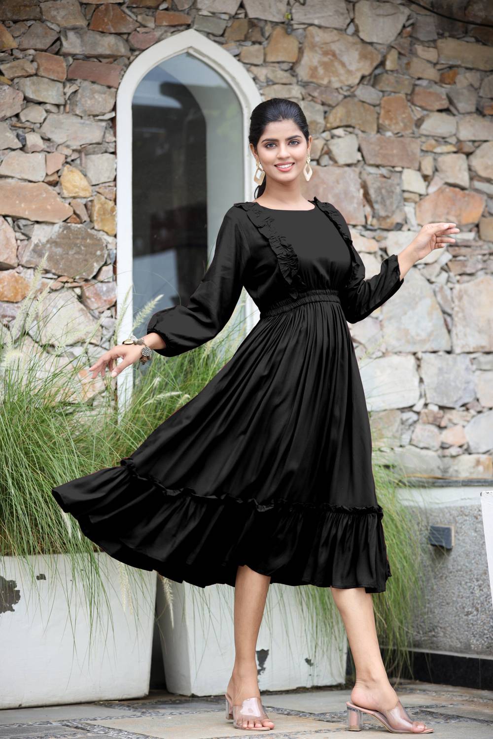 Krunal Raiyani Women Fit and Flare Black Knee Length Dress