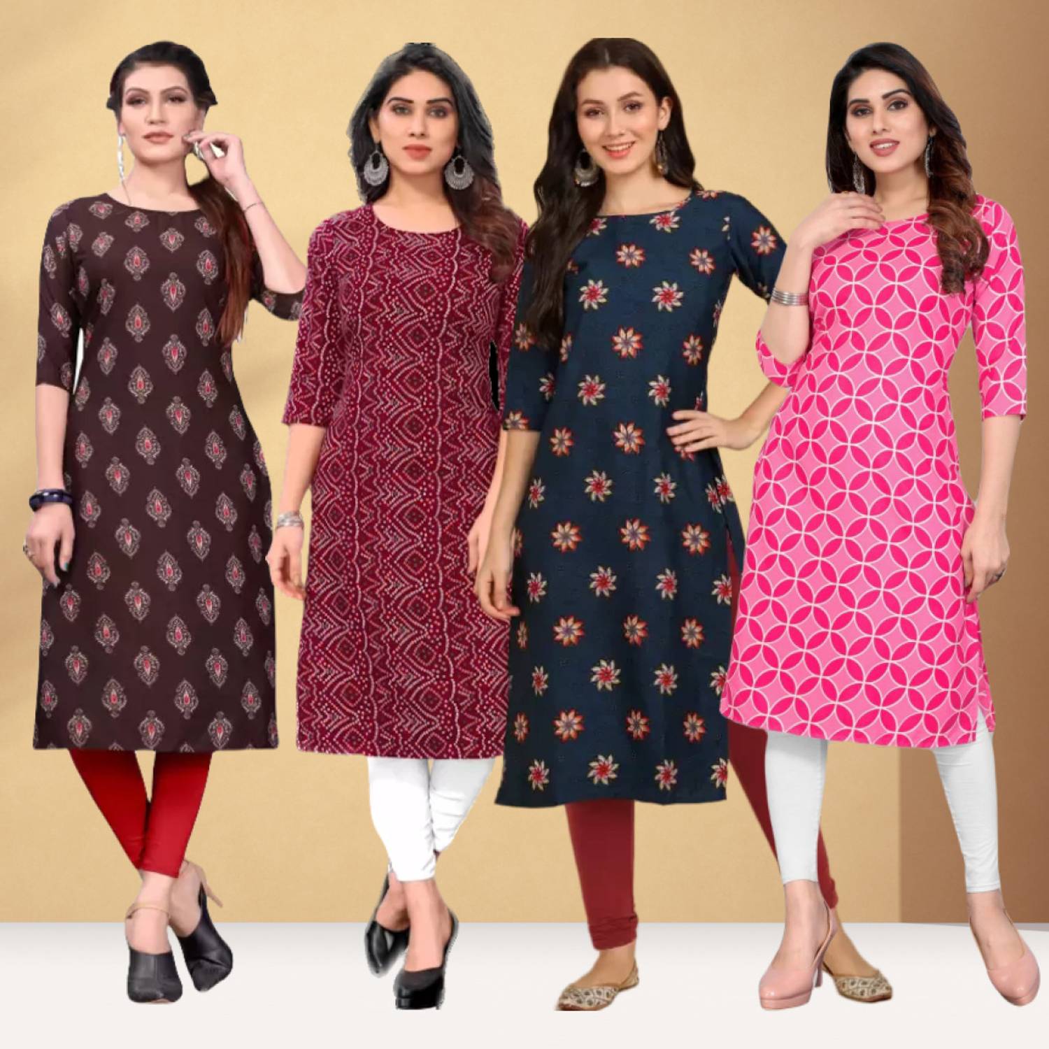 Hiral Pack of 4 Women Printed Crepe Straight Kurta (Multicolor)