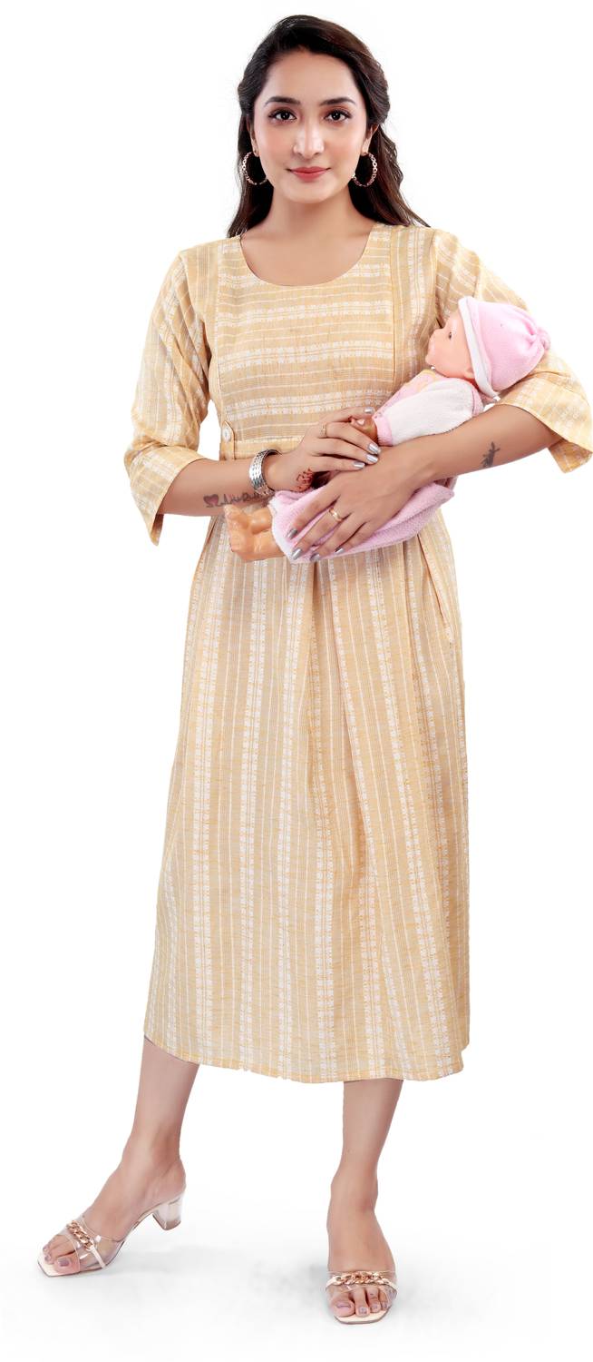 B2Fashion Women Fit and Flare Beige Midi/Calf Length Dress