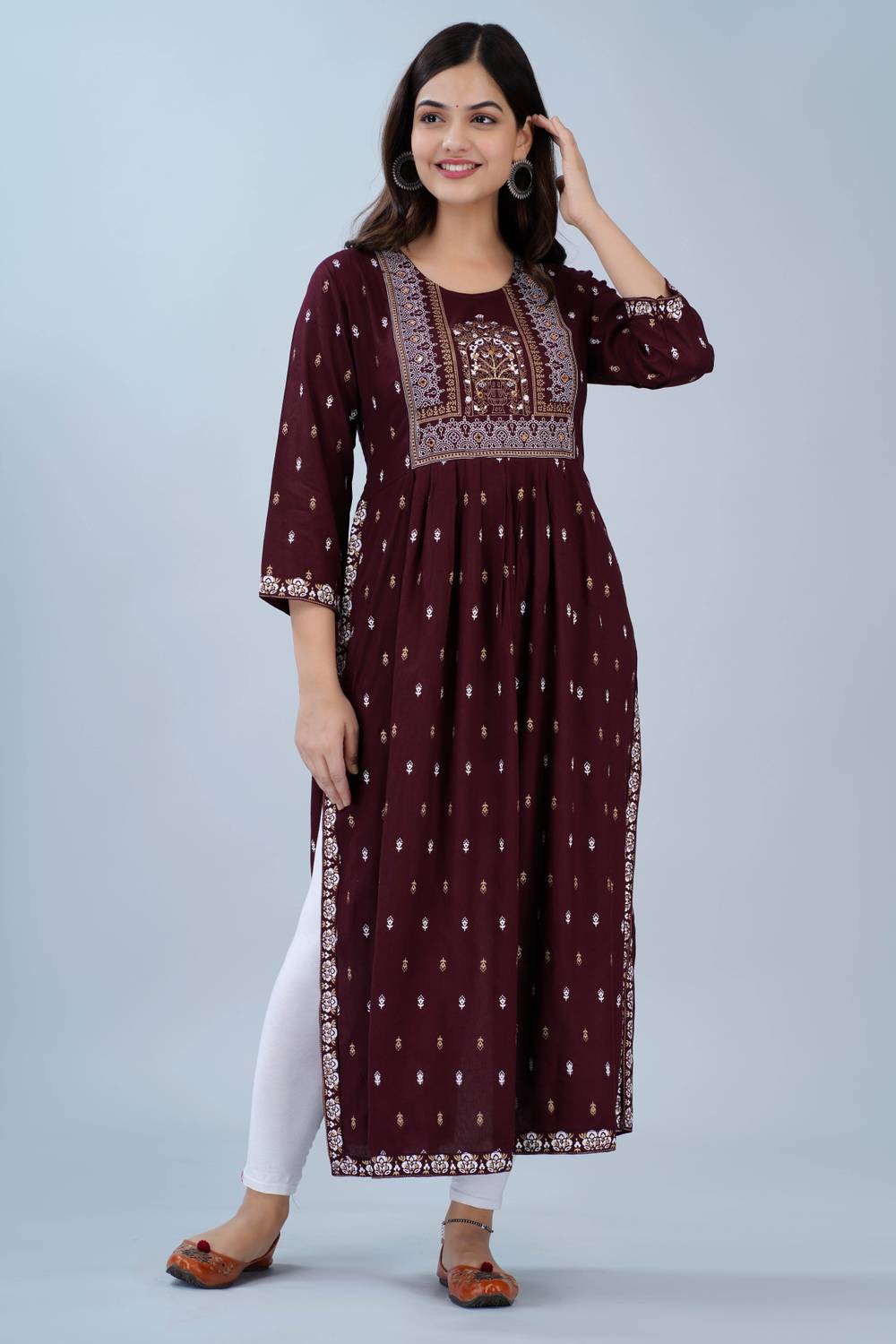 Saabhi Women Printed Viscose Rayon Flared Kurta (Brown)