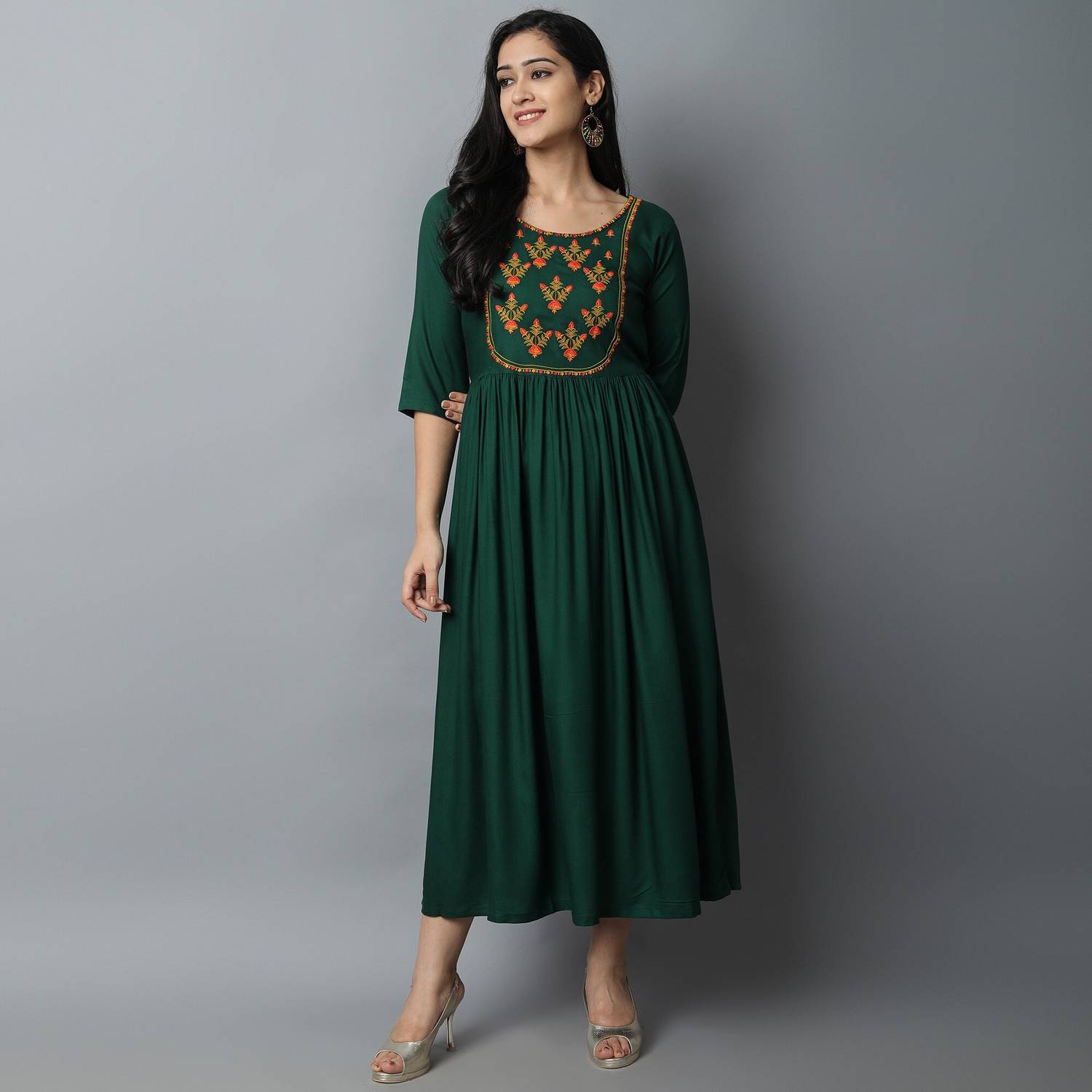 Kriska Women Embroidered Viscose Rayon A-line Kurta (Green)