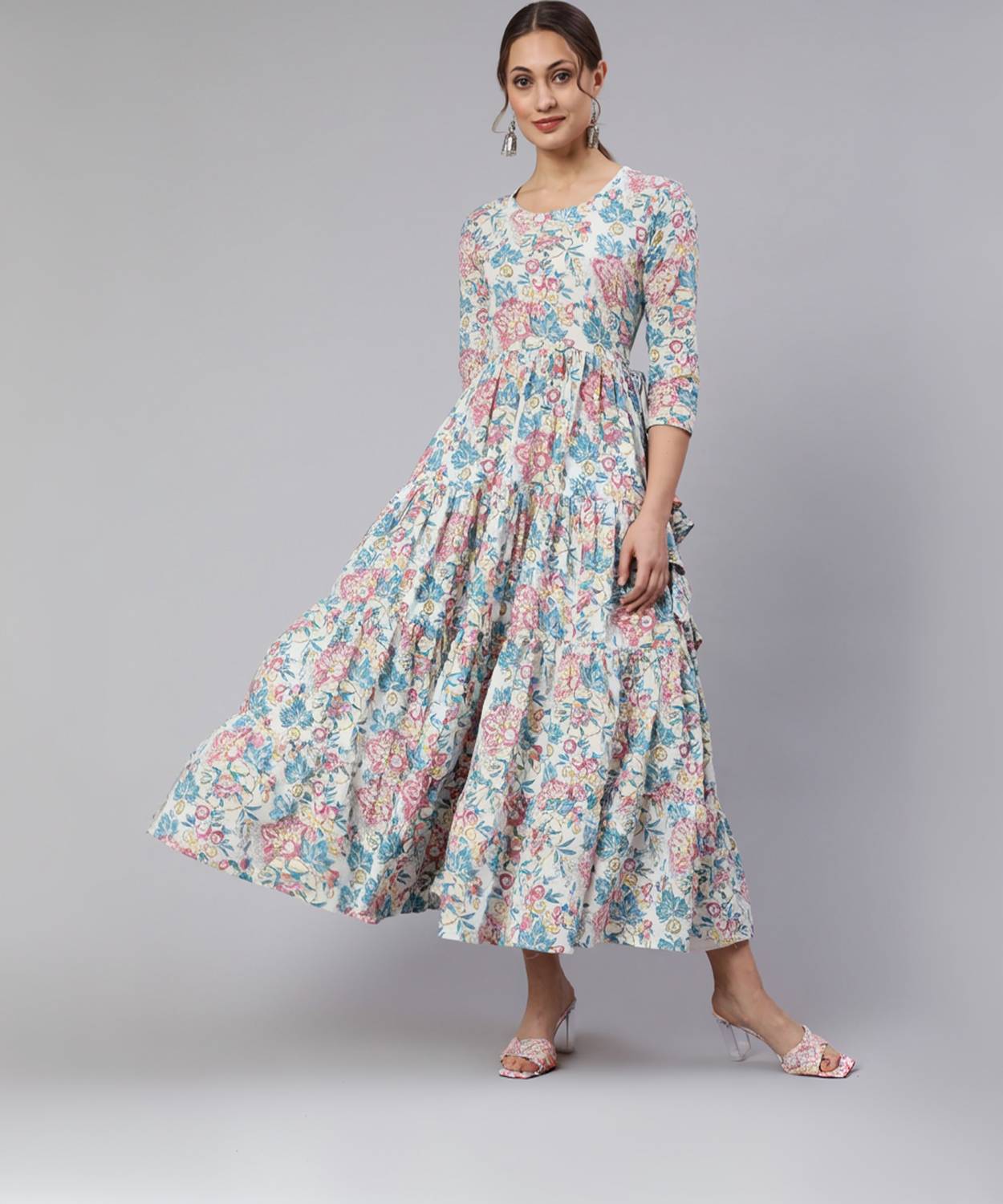 Women Click Women Printed Cotton Rayon Flared Kurta (Pink)