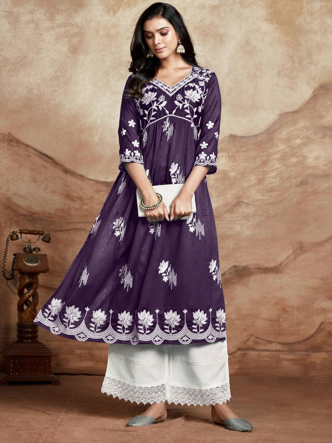Youthnic Women Chikan Embroidery Silk Blend A-line Kurta (Purple)