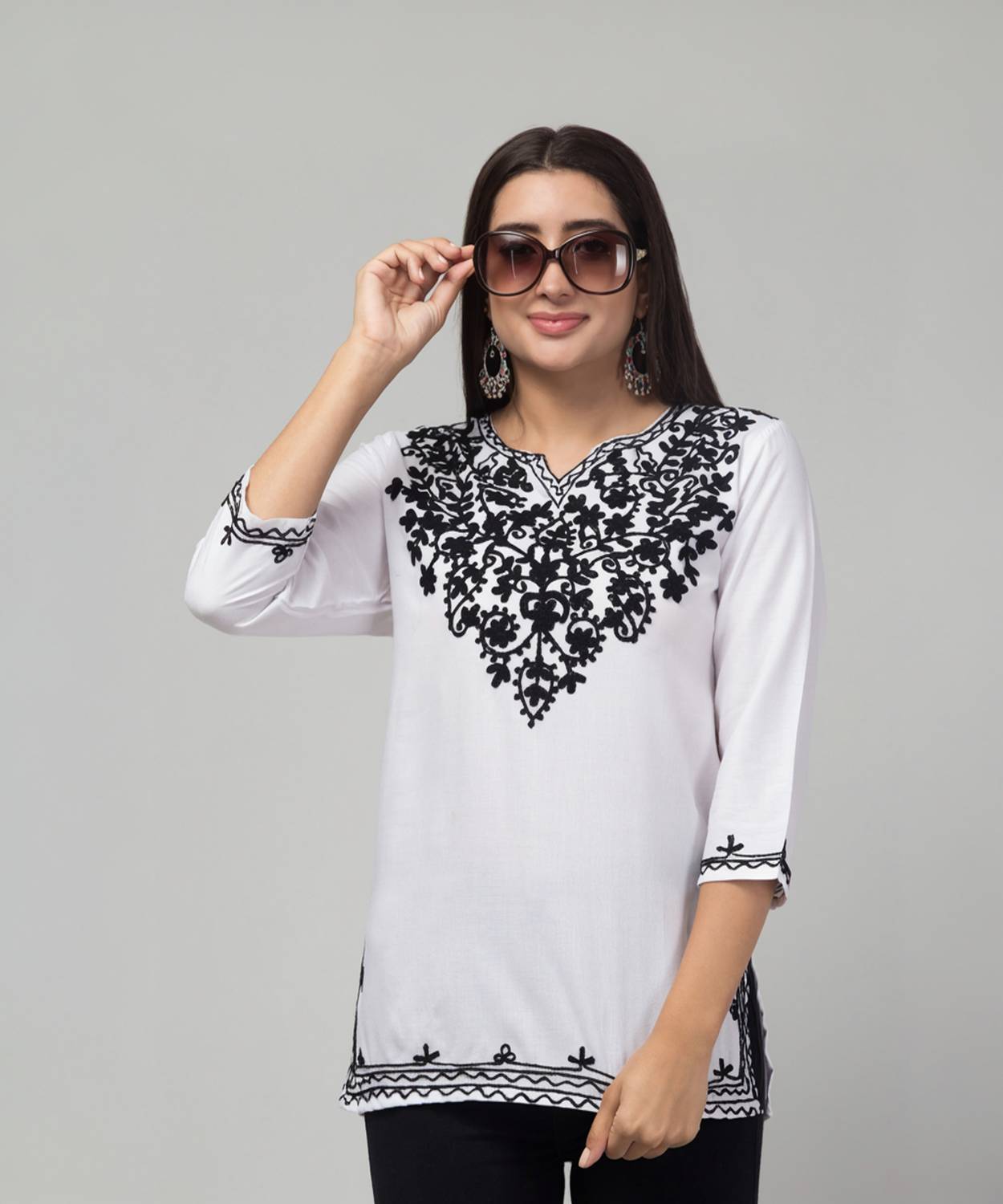 ILMA CREATION Women Embroidered Cotton Blend A-line Kurta (White,