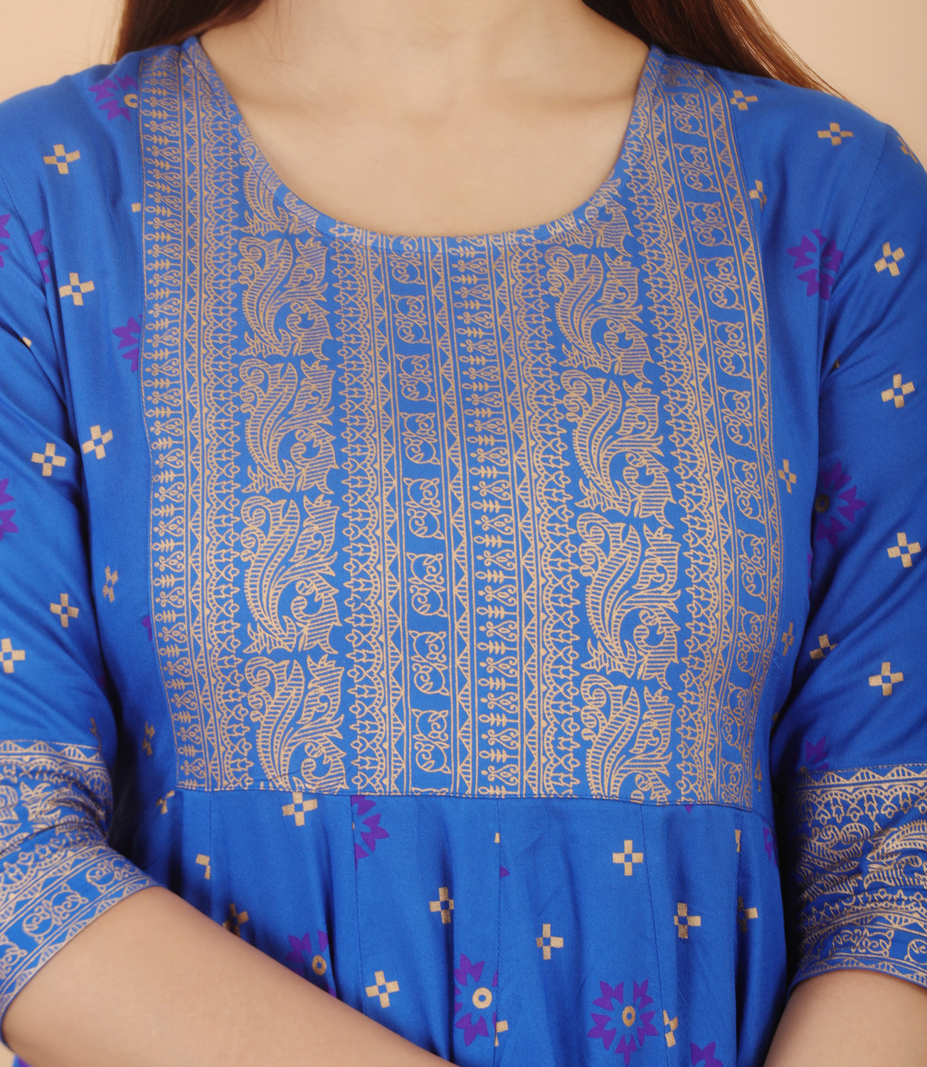 Image of AASHLEY Printed Cotton Rayon Anarkali Kurta for Women (Blue)