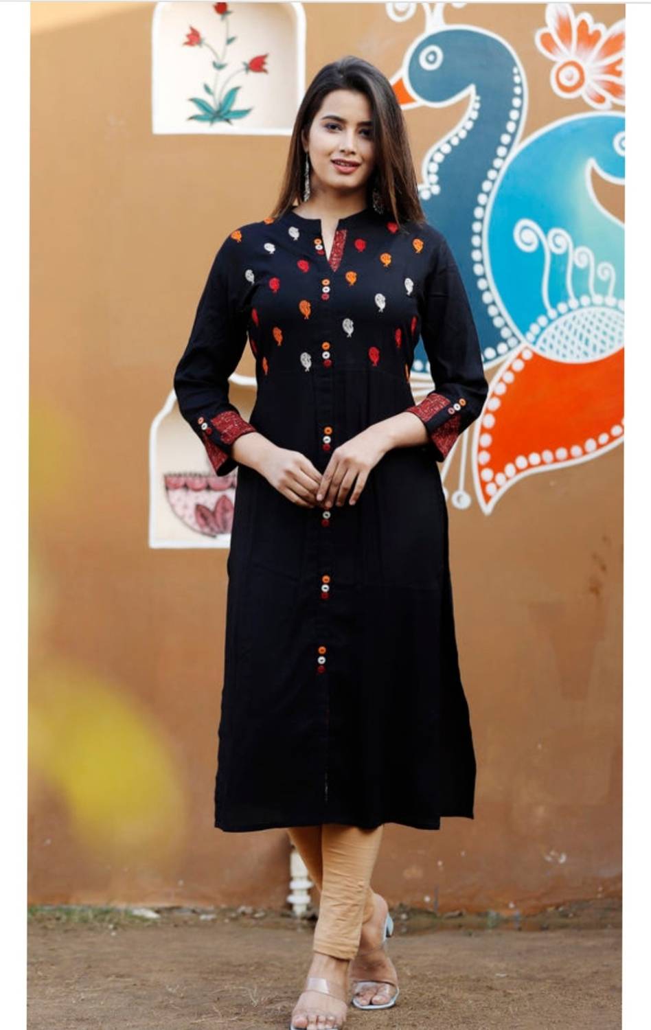 VEERANSU Women Embroidered Viscose Rayon Straight Kurta (Black)