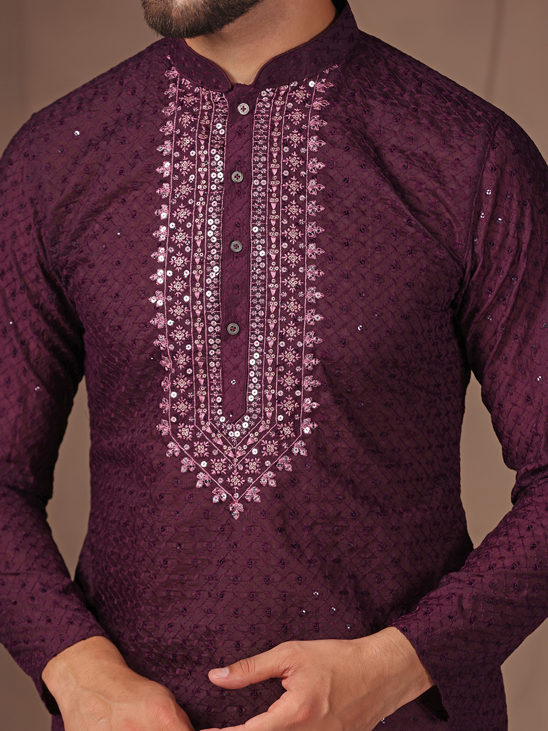Image of Kisah Embellished Cotton Blend Straight Kurta for Men (Maroon)