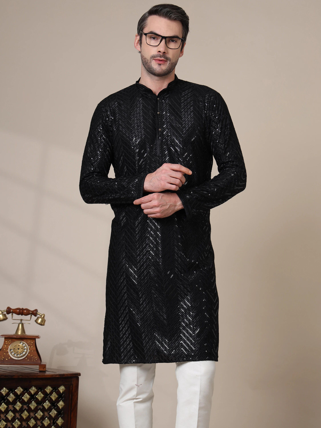 Image of ADHIRAJAN Men Embellished Straight Kurta