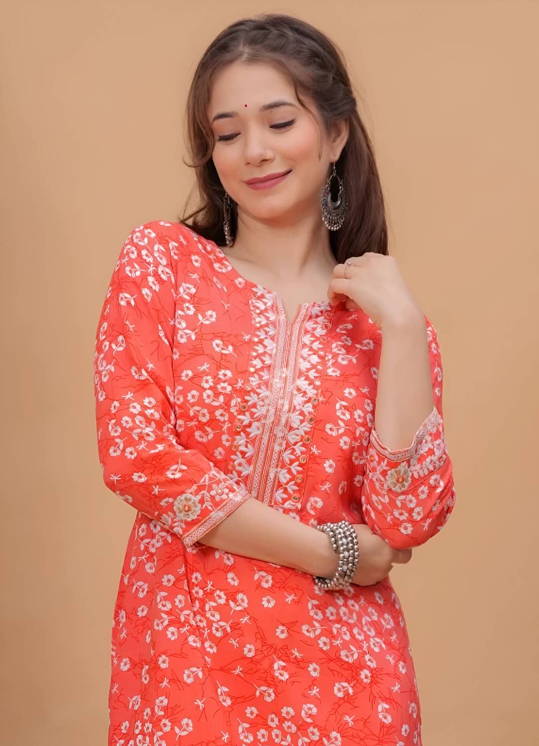 Wawlooks Women Printed Viscose Rayon Straight Kurta (Orange)