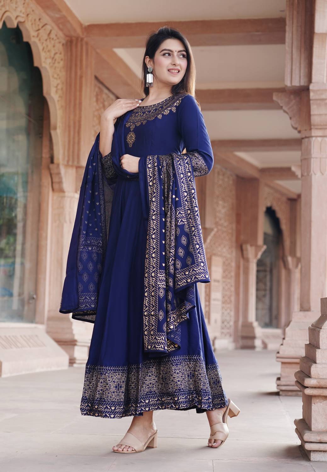 SkyAsia Women Printed Cotton Blend Anarkali Kurta With Attached D